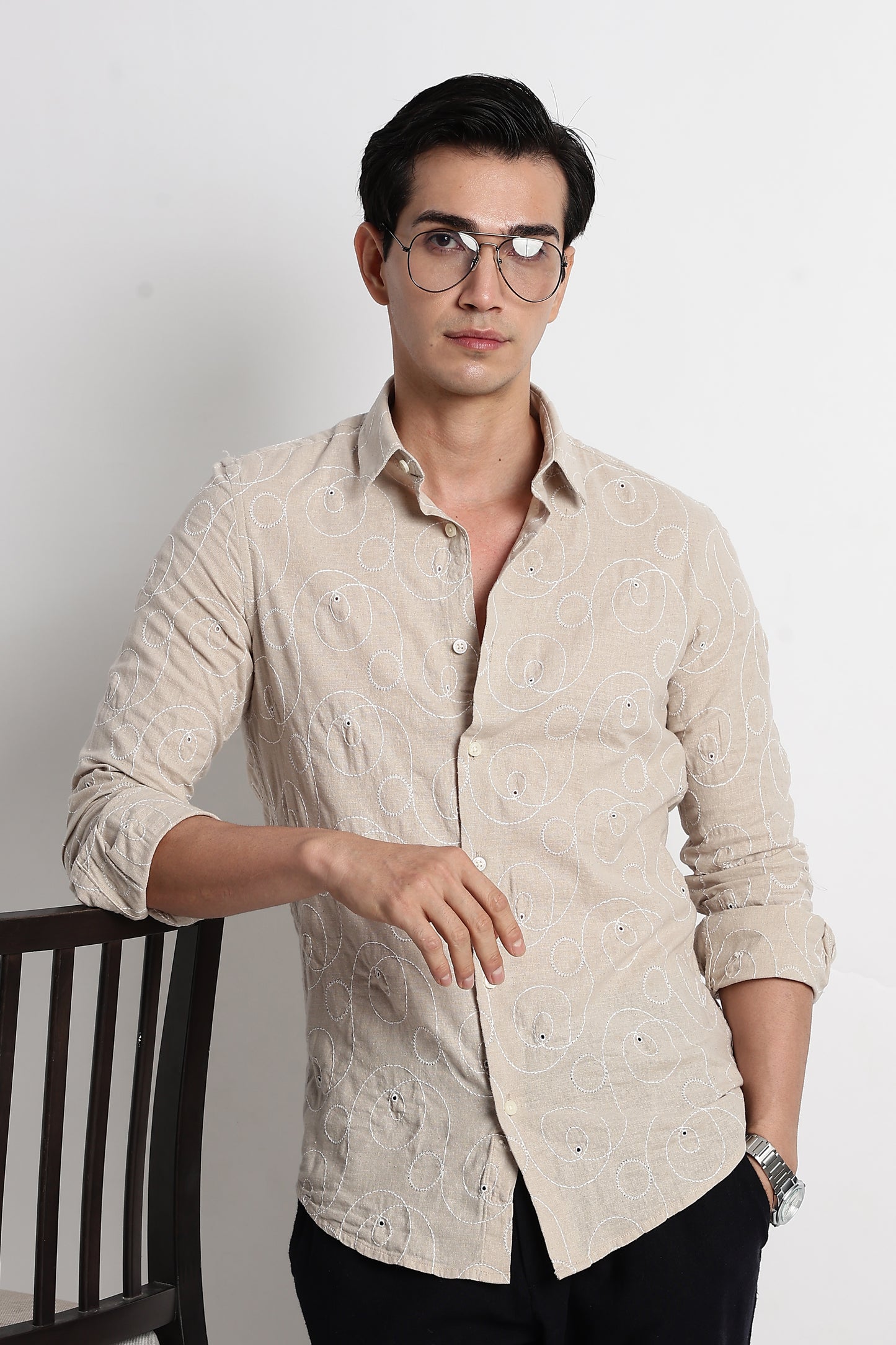 Textured Embroidered Cotton Shirt Cream