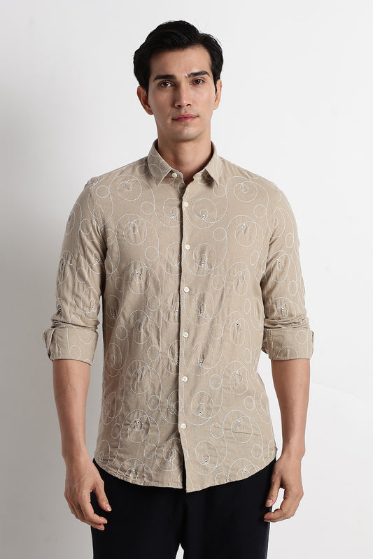 Textured Embroidered Cotton Shirt Lt Brown