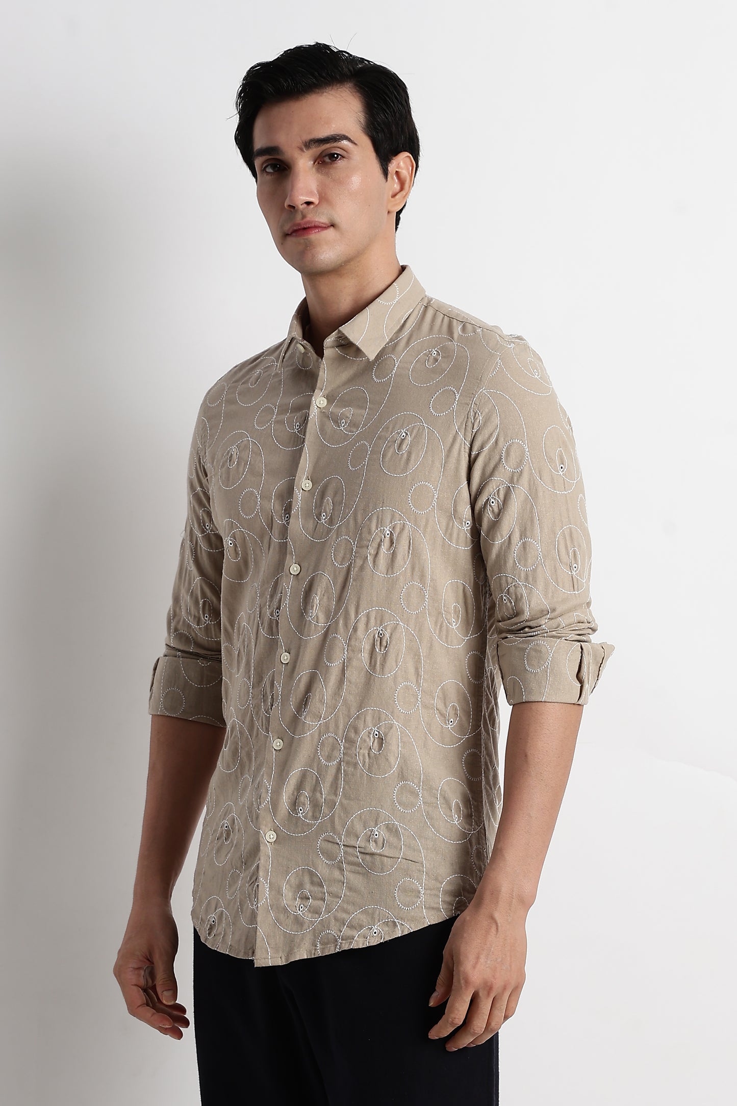 Textured Embroidered Cotton Shirt Lt Brown