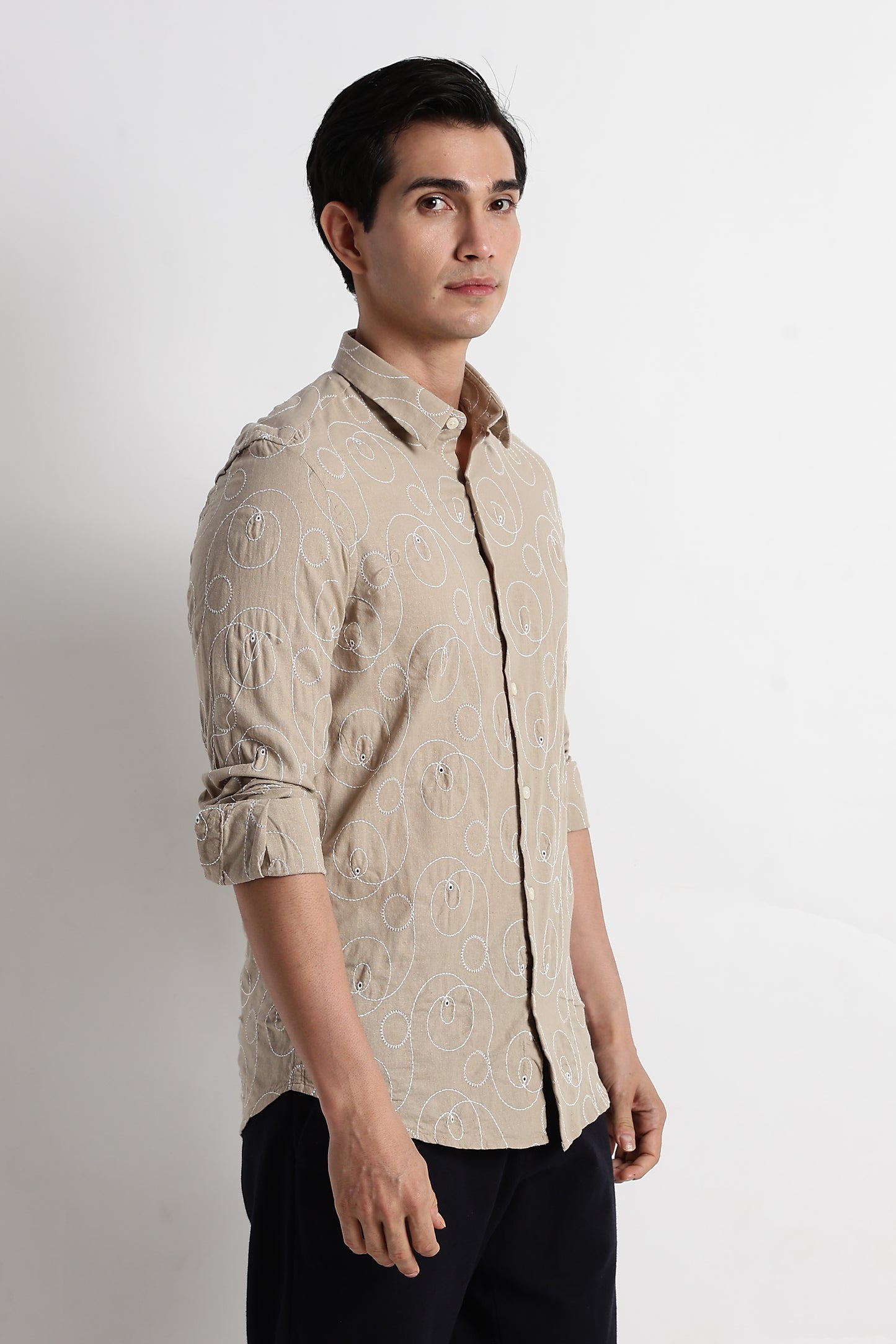Textured Embroidered Cotton Shirt Lt Brown