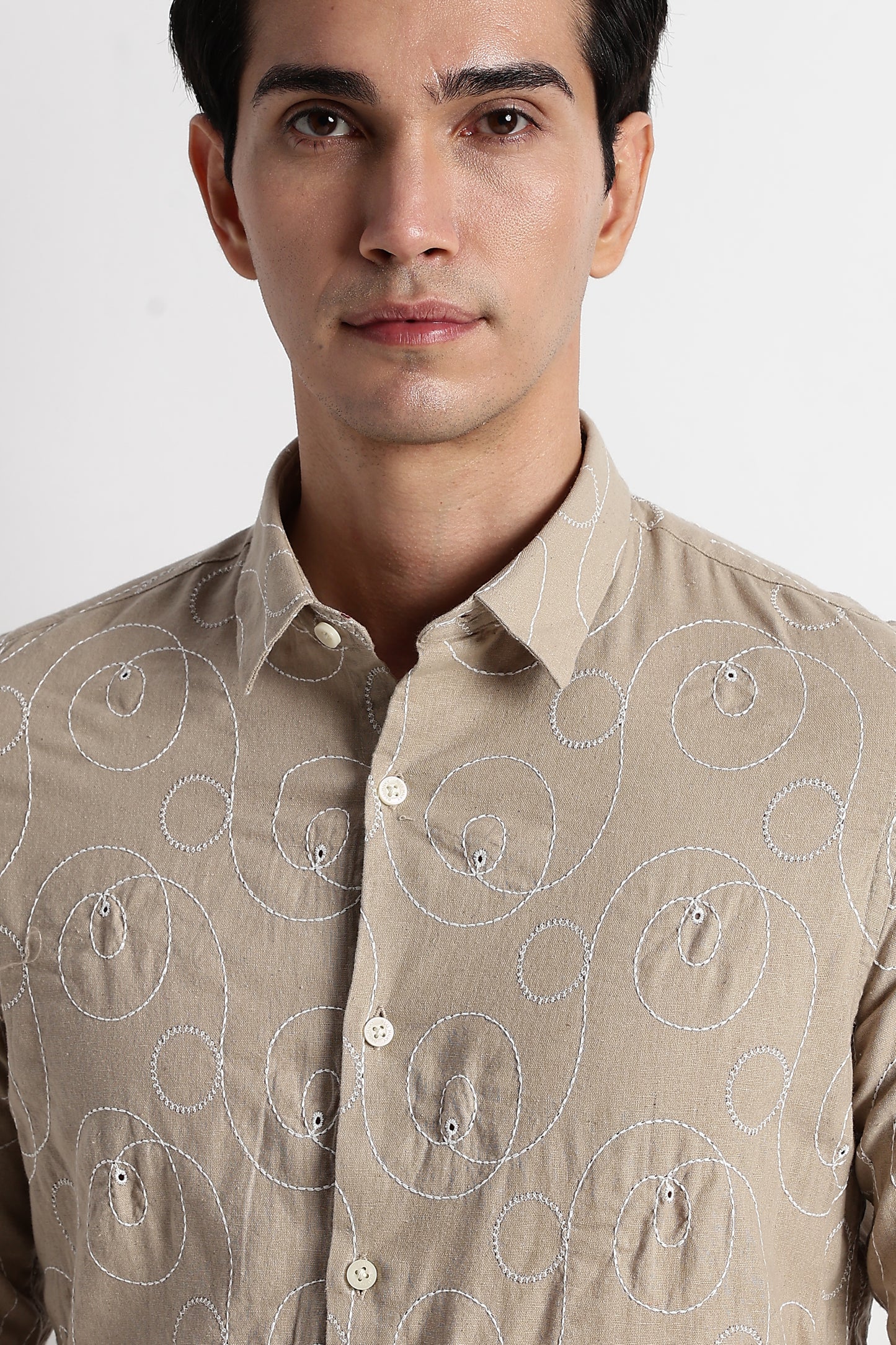 Textured Embroidered Cotton Shirt Lt Brown