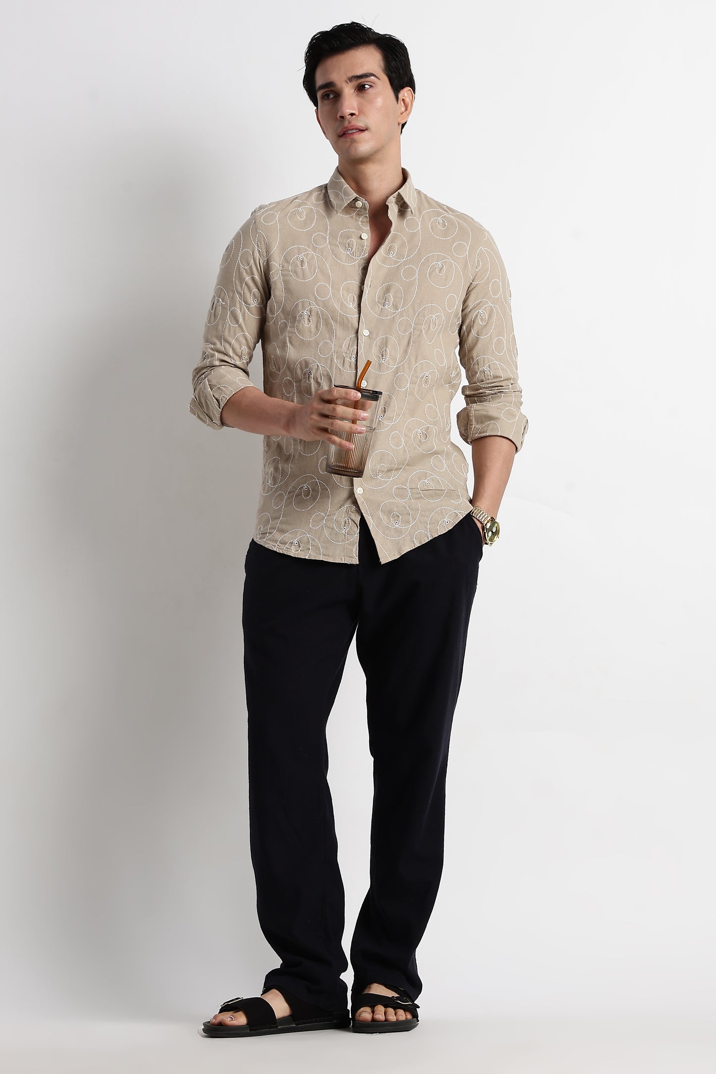 Textured Embroidered Cotton Shirt Lt Brown