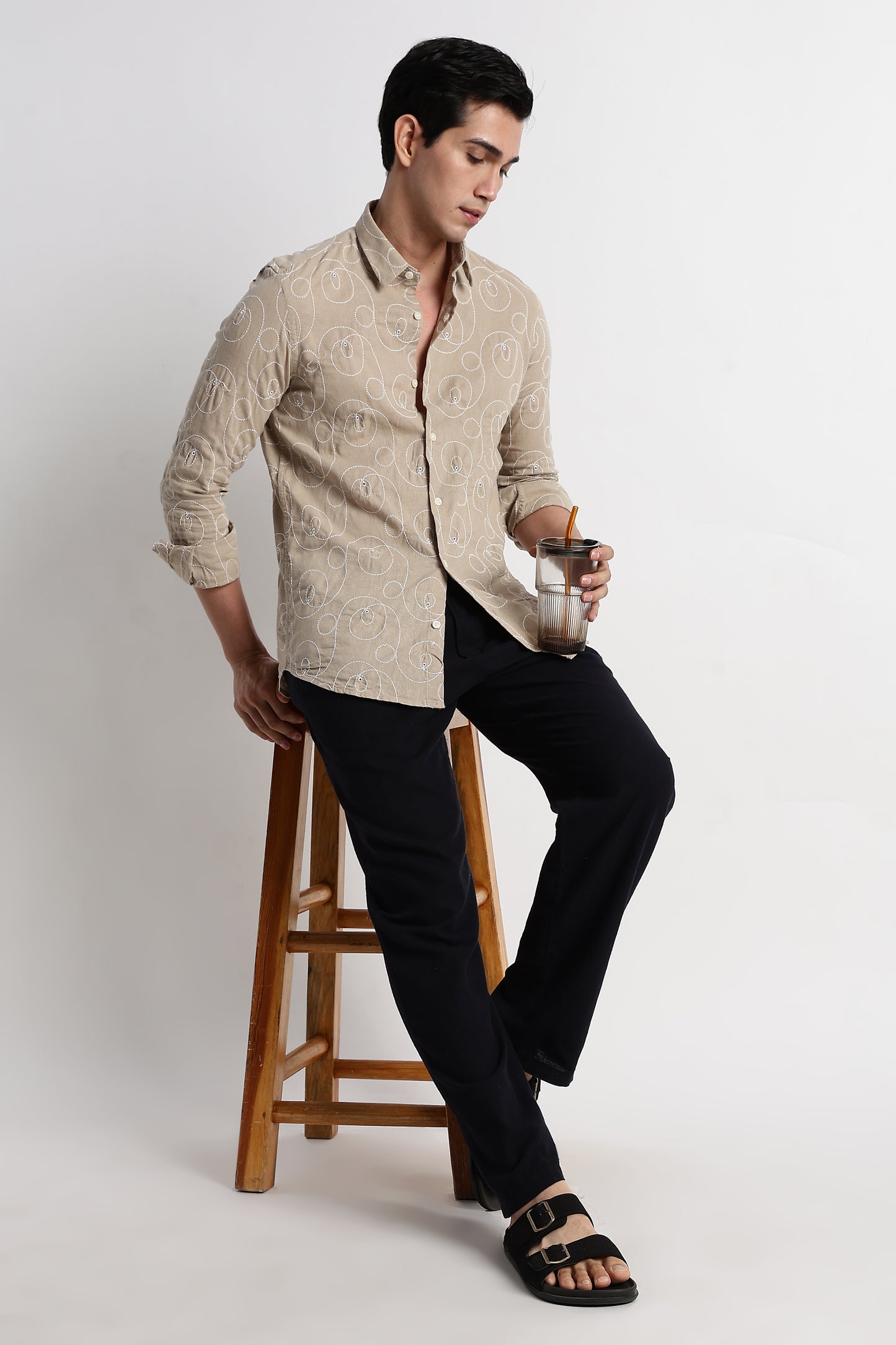 Textured Embroidered Cotton Shirt Lt Brown