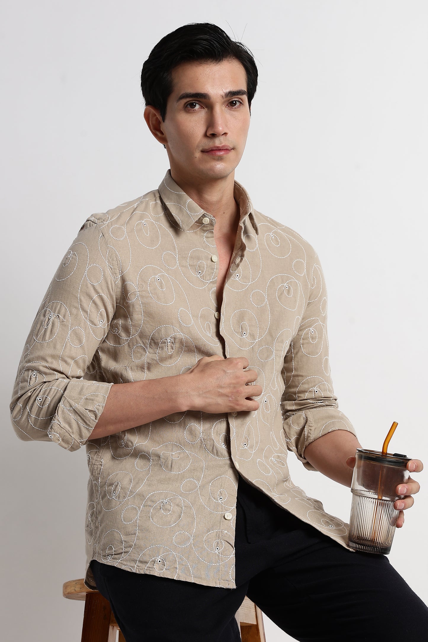 Textured Embroidered Cotton Shirt Lt Brown