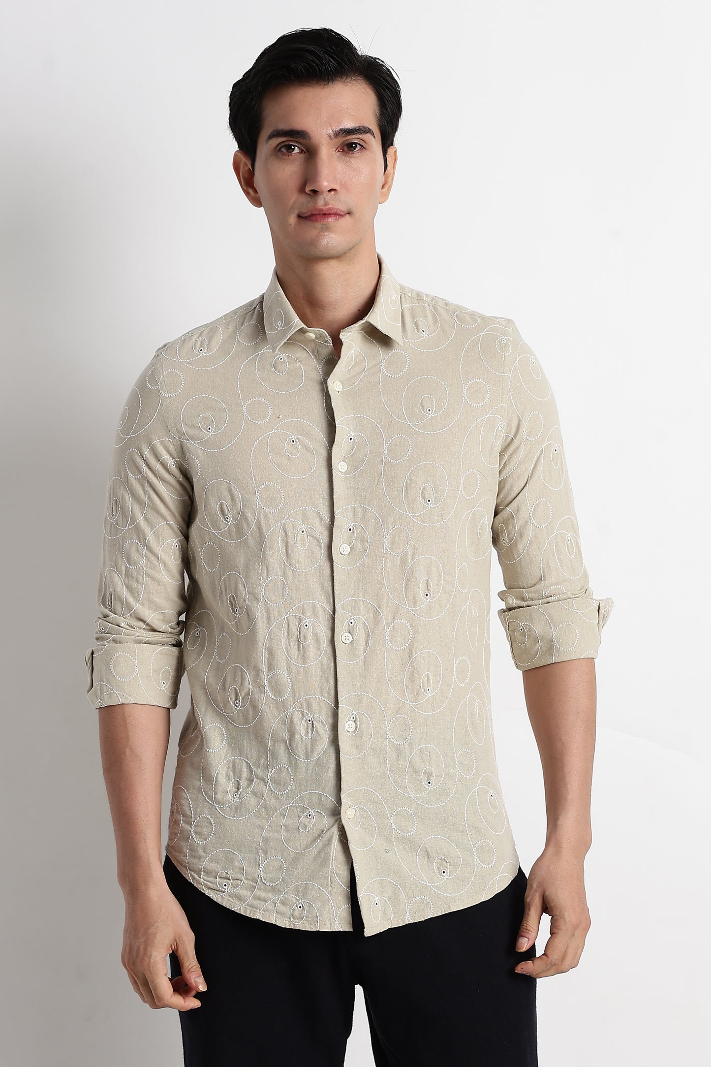 Textured Embroidered Cotton Shirt Beige