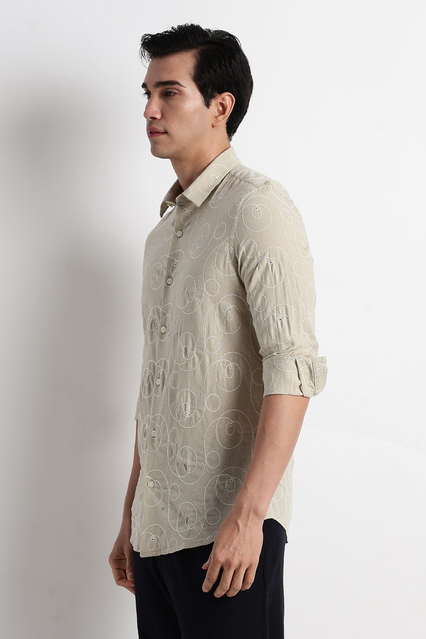 Textured Embroidered Cotton Shirt Beige