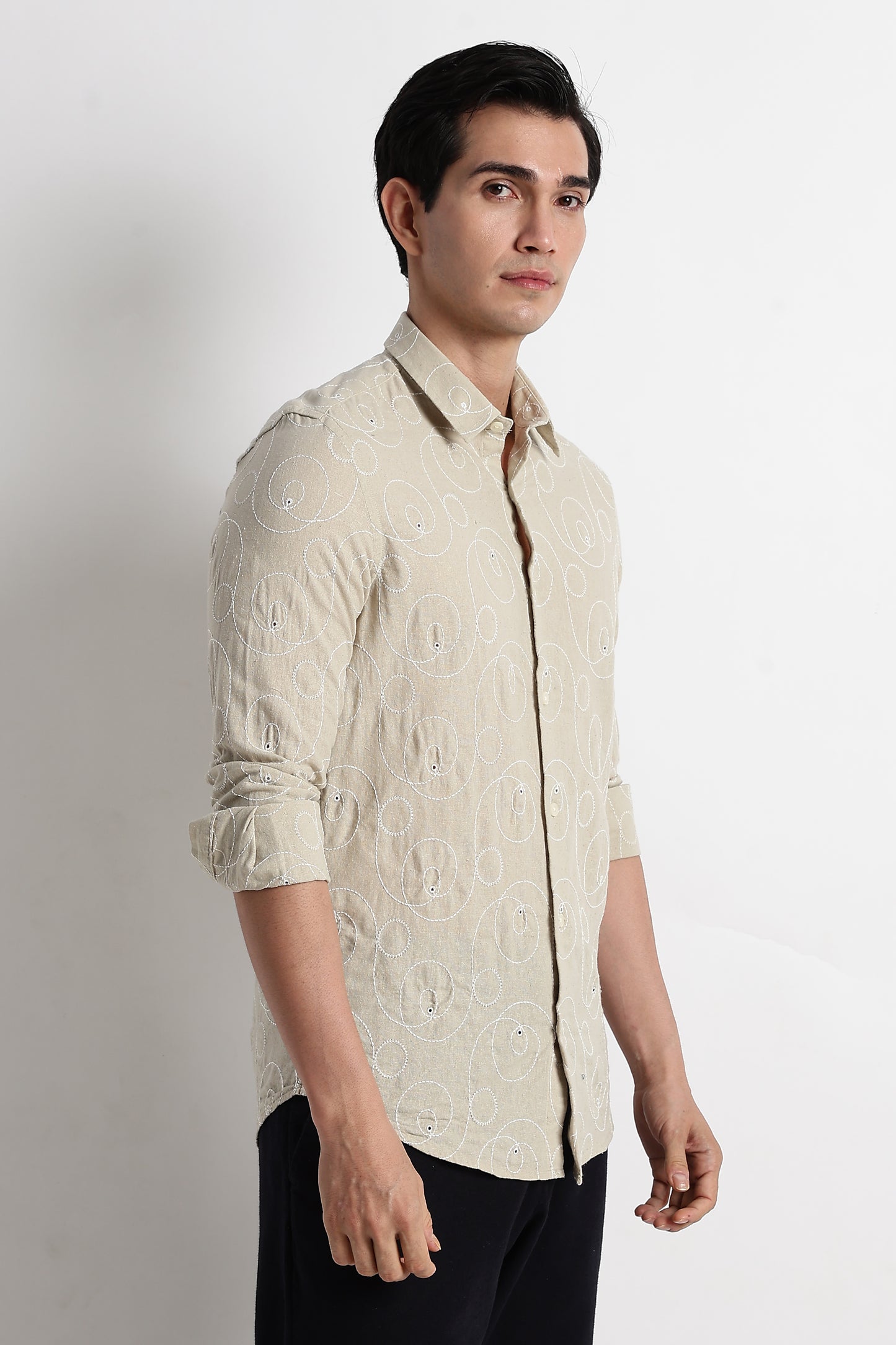 Textured Embroidered Cotton Shirt Beige