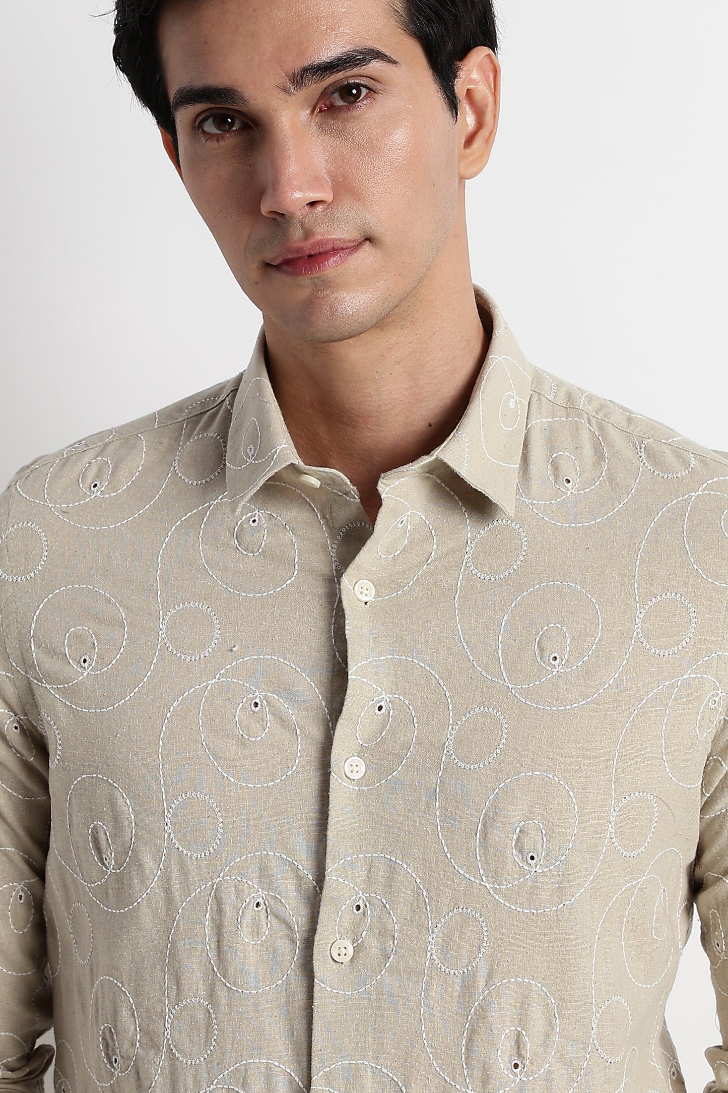 Textured Embroidered Cotton Shirt Beige