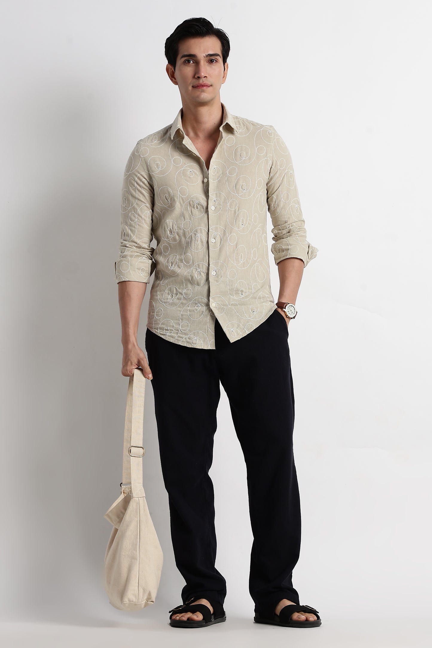 Textured Embroidered Cotton Shirt Beige