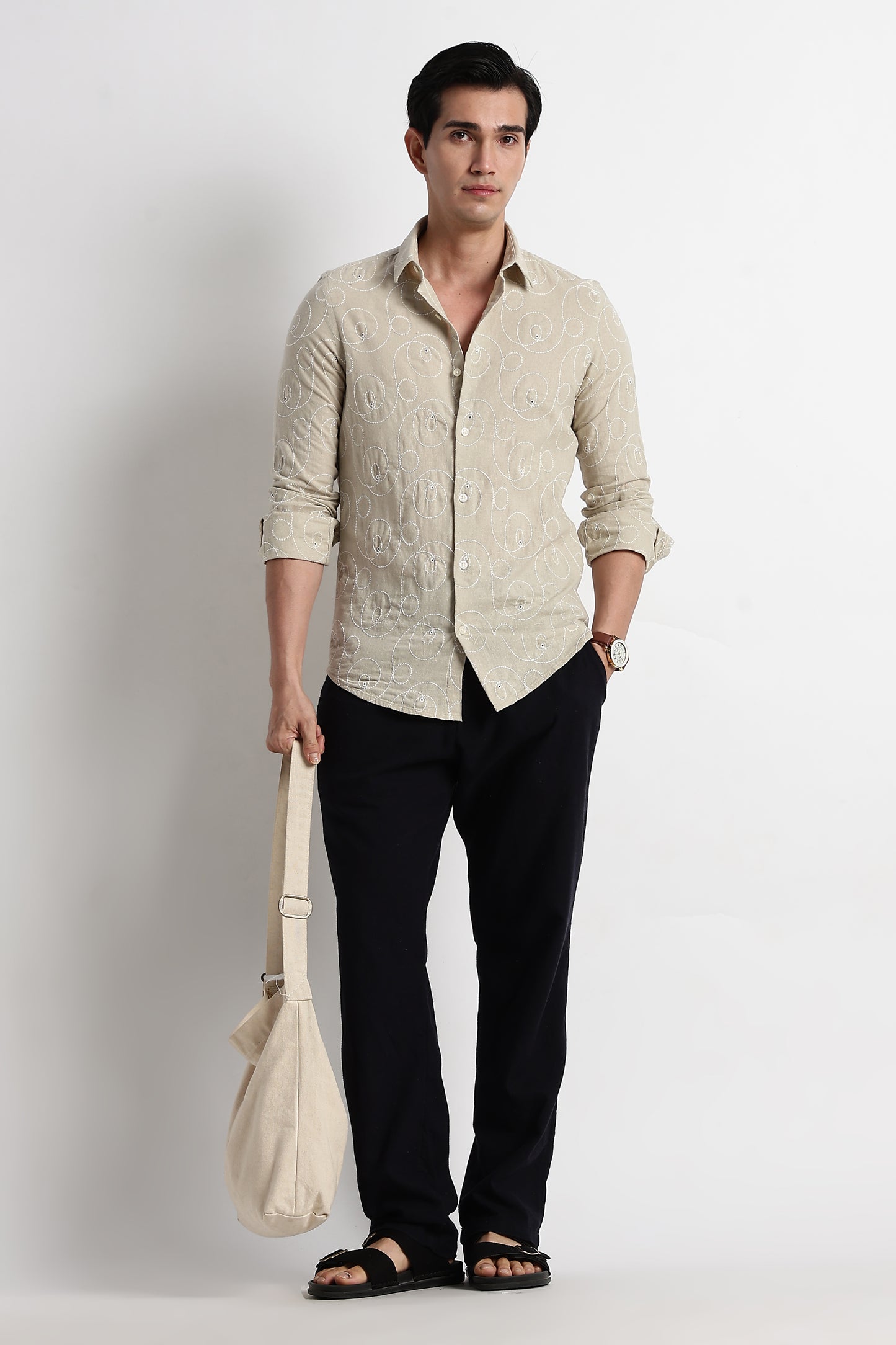 Textured Embroidered Cotton Shirt Beige