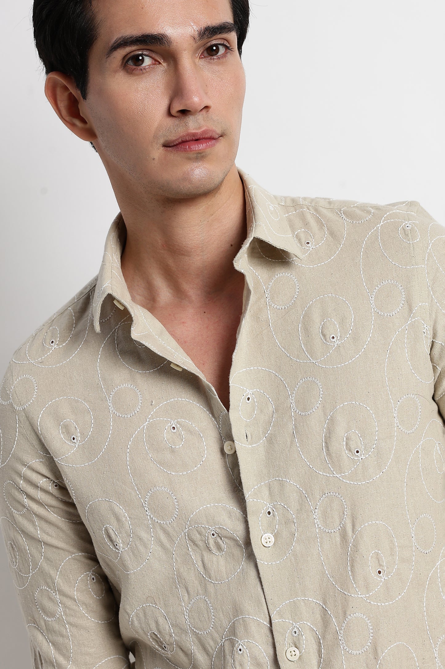Textured Embroidered Cotton Shirt Beige