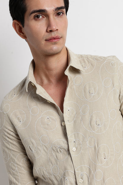 Textured Embroidered Shirt Beige