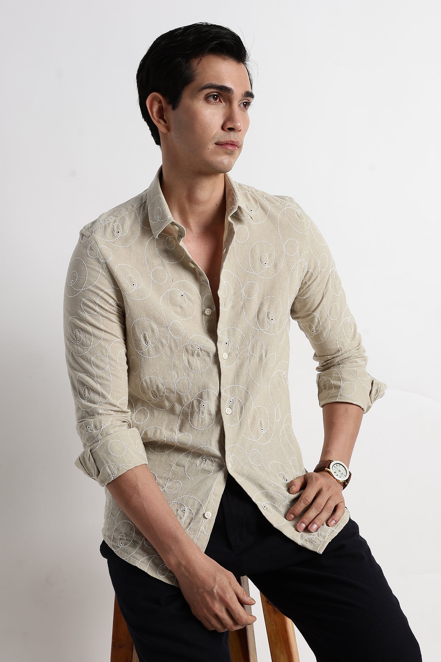 Textured Embroidered Cotton Shirt Beige