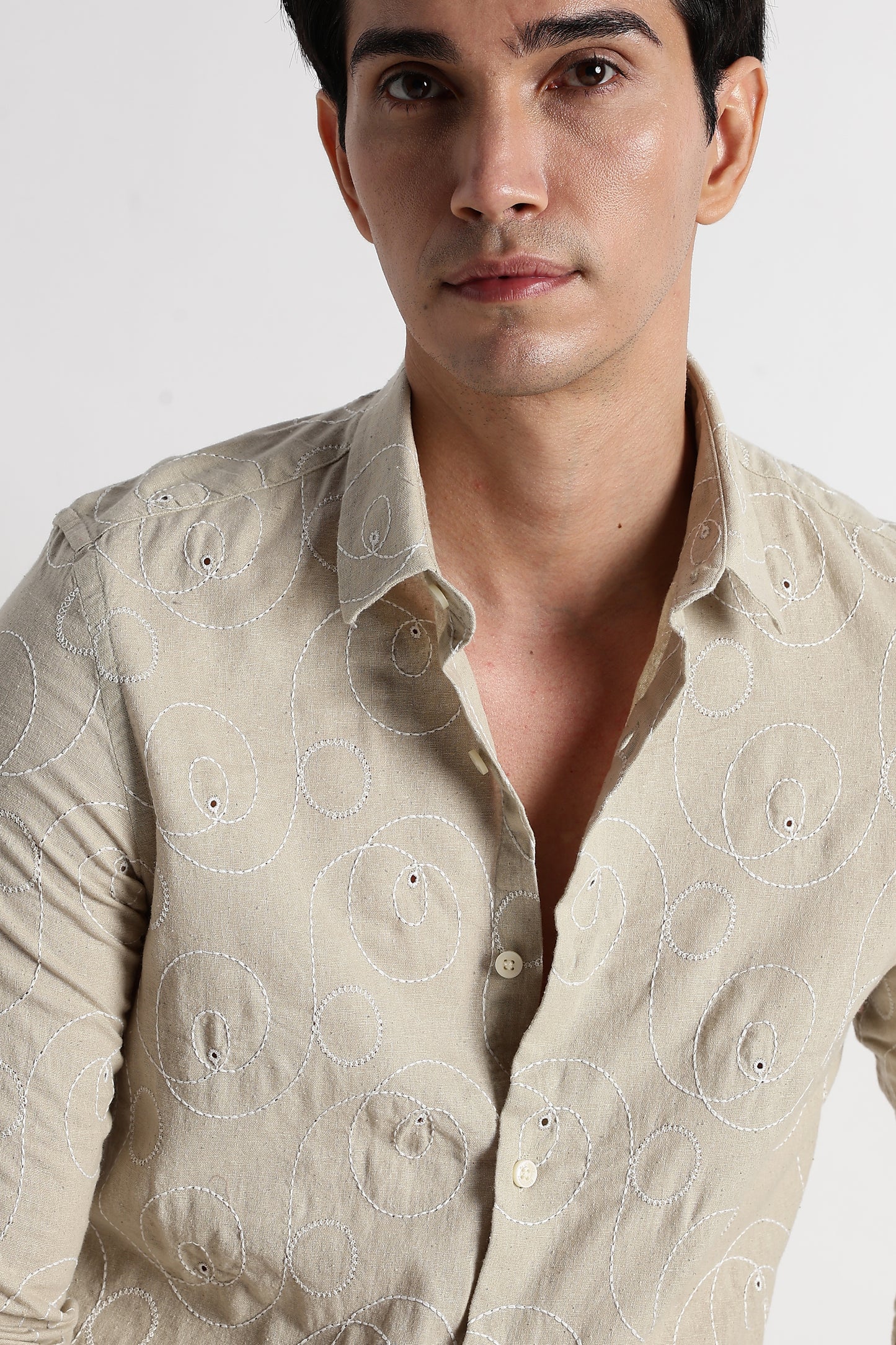 Textured Embroidered Cotton Shirt Beige