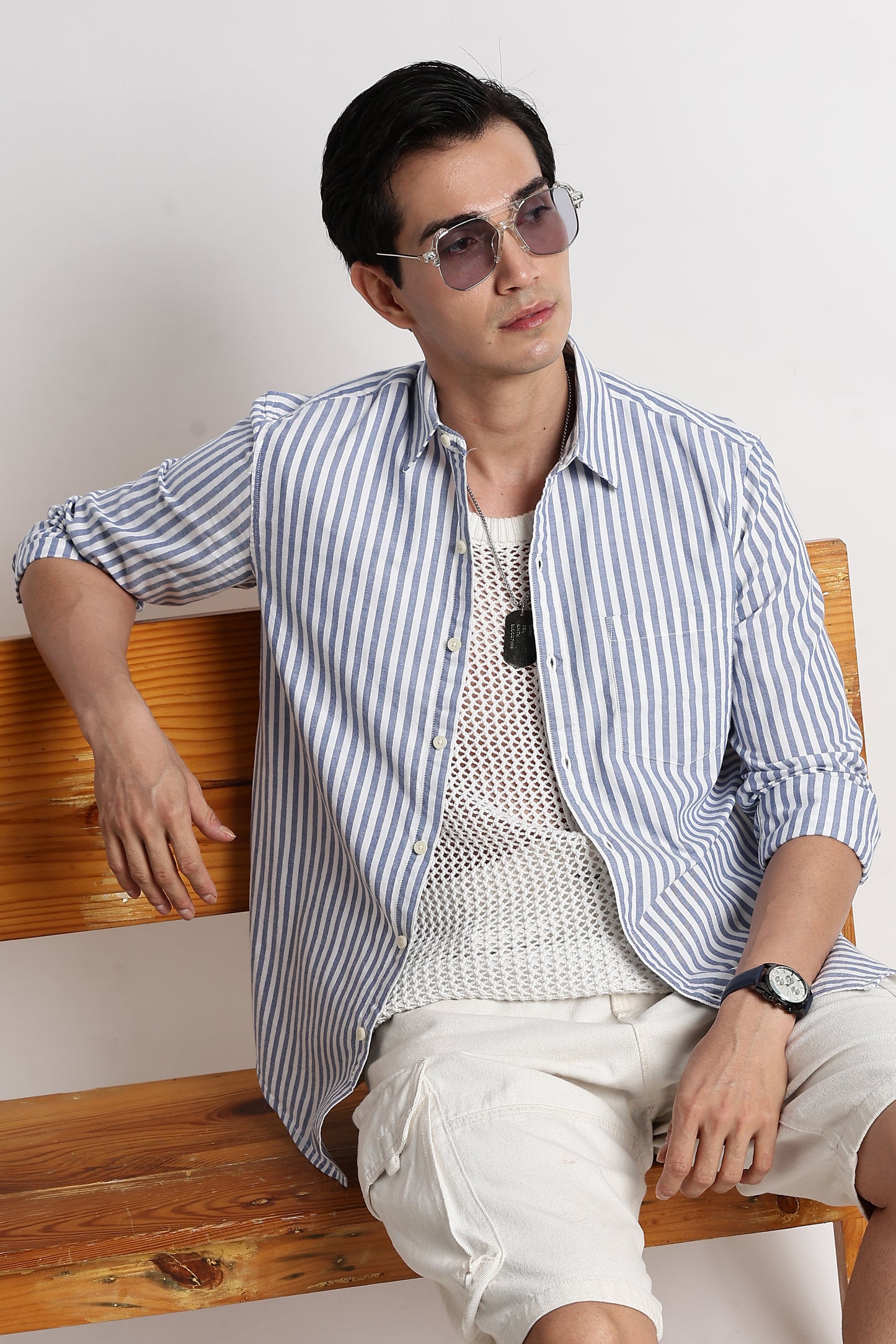 Classic Cotton Slim Fit Striped Shirt Blue
