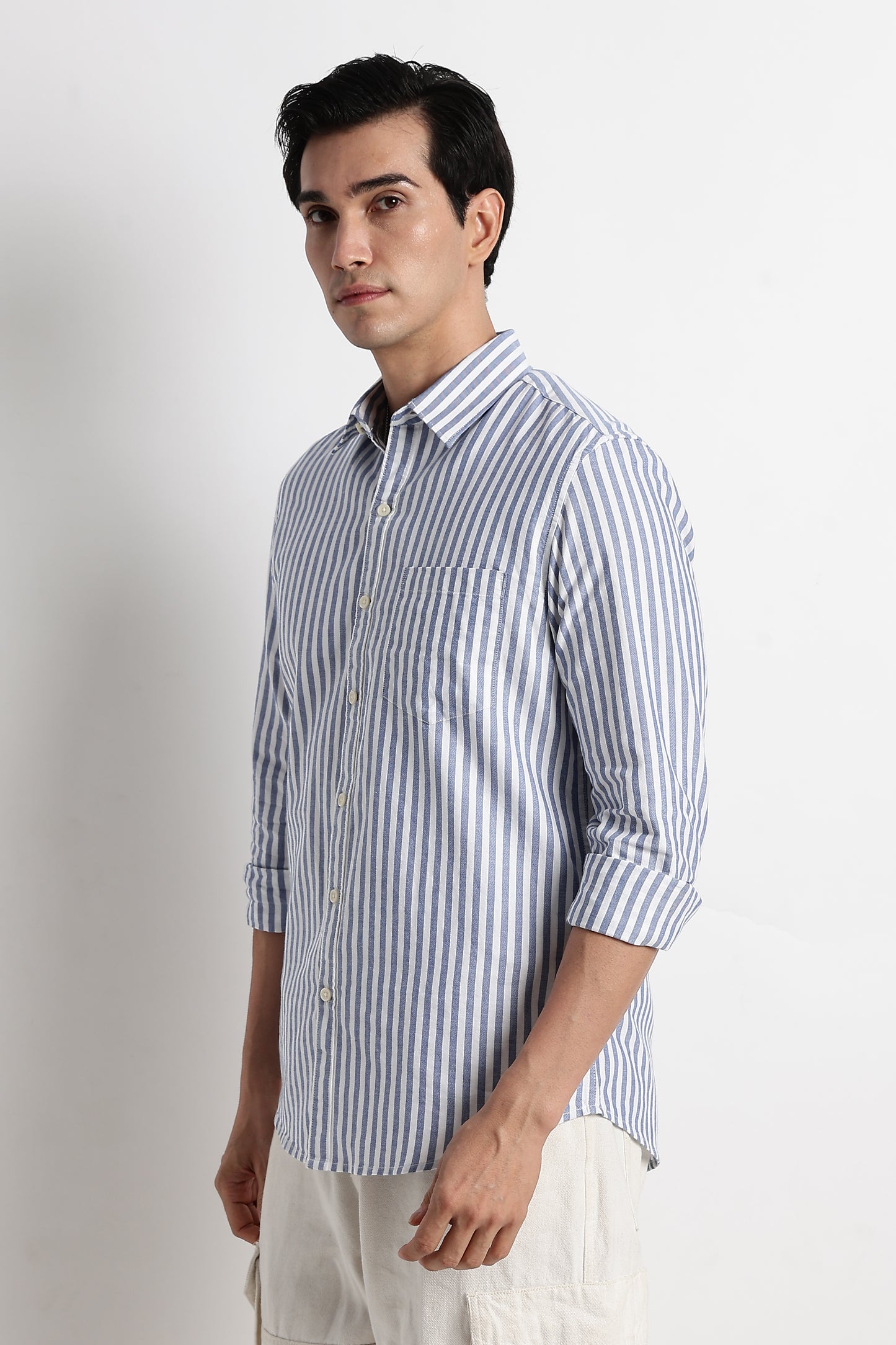 Classic Cotton Slim Fit Striped Shirt Blue