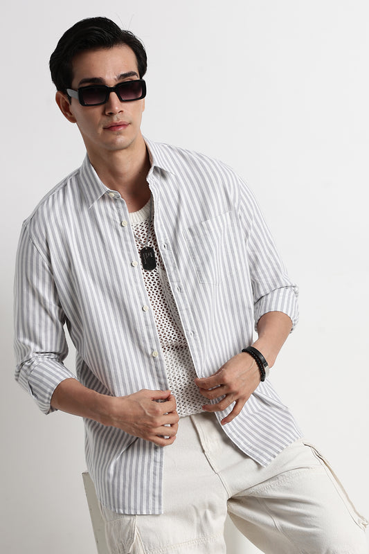 Classic Cotton Slim Fit Striped Shirt Grey