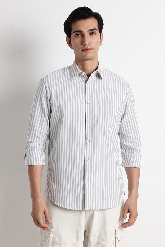 Classic Cotton Slim Fit Striped Shirt Grey