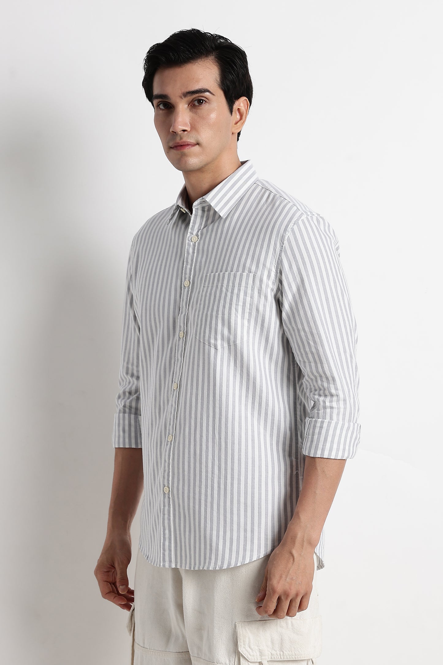 Classic Cotton Slim Fit Striped Shirt Grey