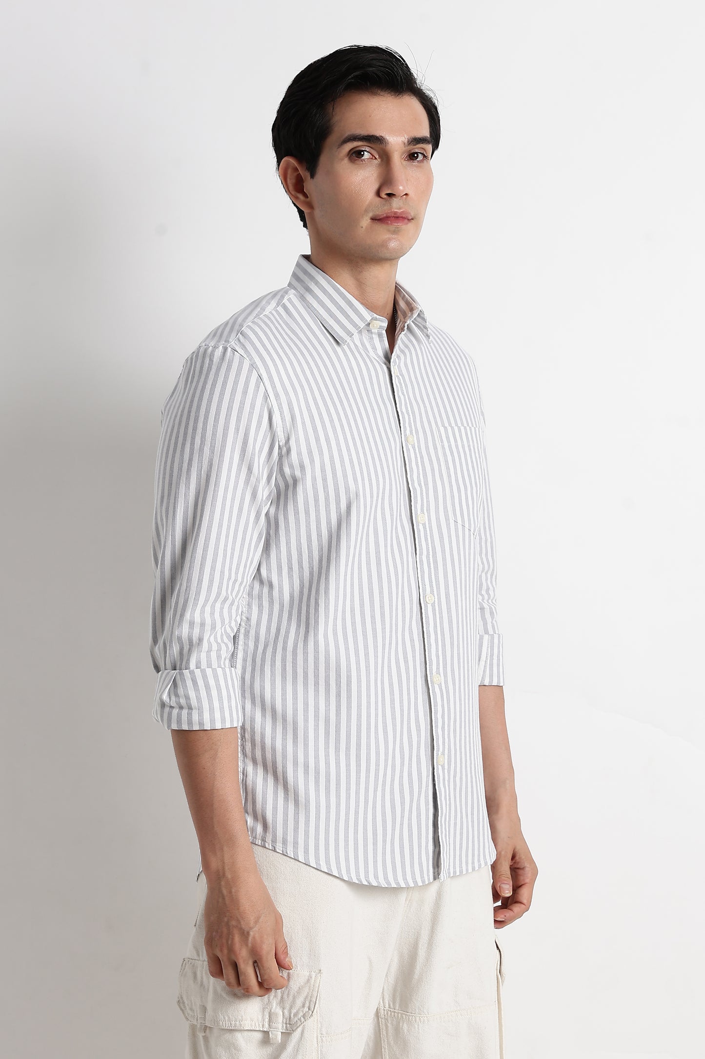 Classic Cotton Slim Fit Striped Shirt Grey