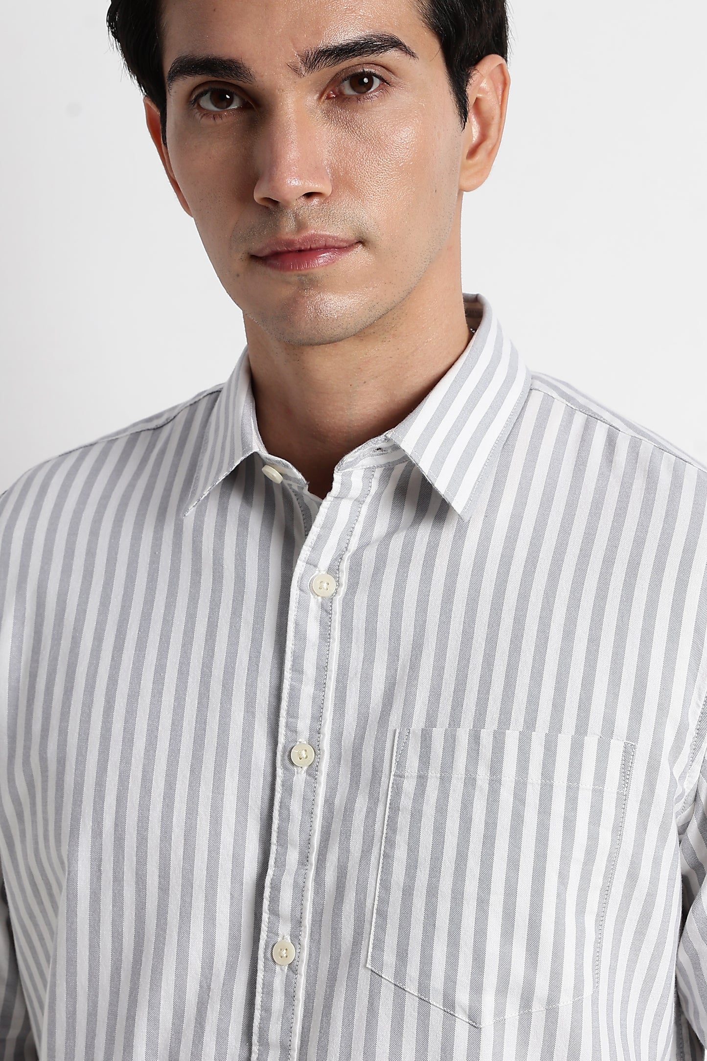 Classic Cotton Slim Fit Striped Shirt Grey