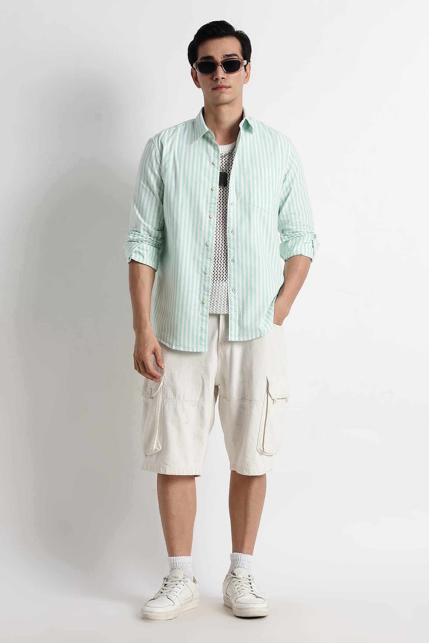 Classic Cotton Slim Fit Striped Shirt Lt Green