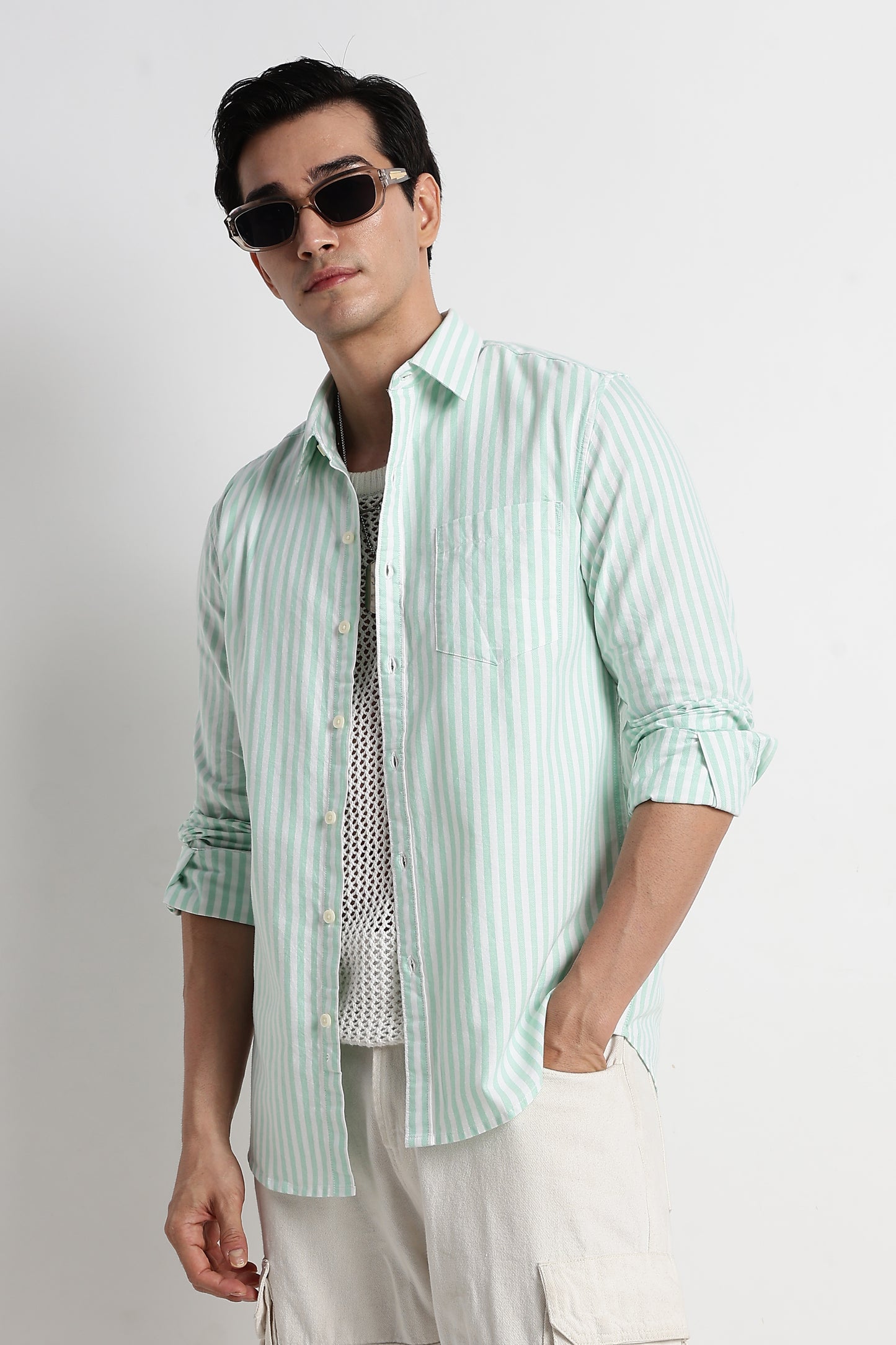 Classic Cotton Slim Fit Striped Shirt Lt Green