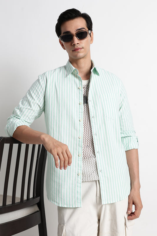Classic Cotton Slim Fit Striped Shirt Lt Green