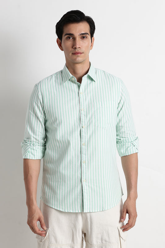 Classic Cotton Slim Fit Striped Shirt Lt Green