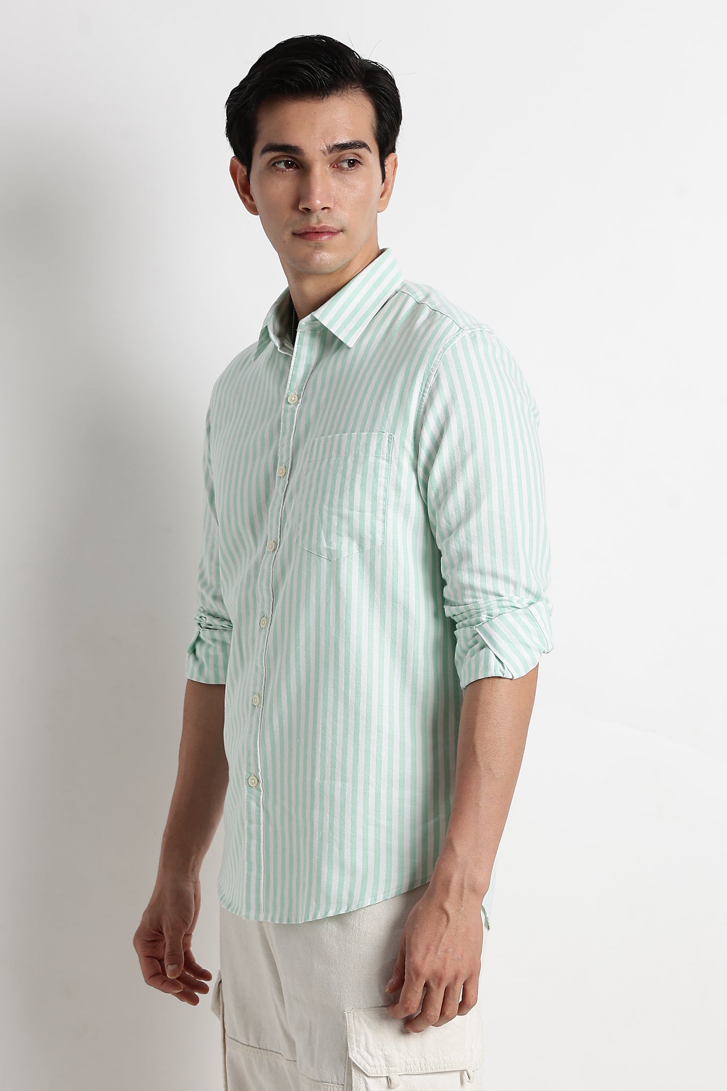Classic Cotton Slim Fit Striped Shirt Lt Green
