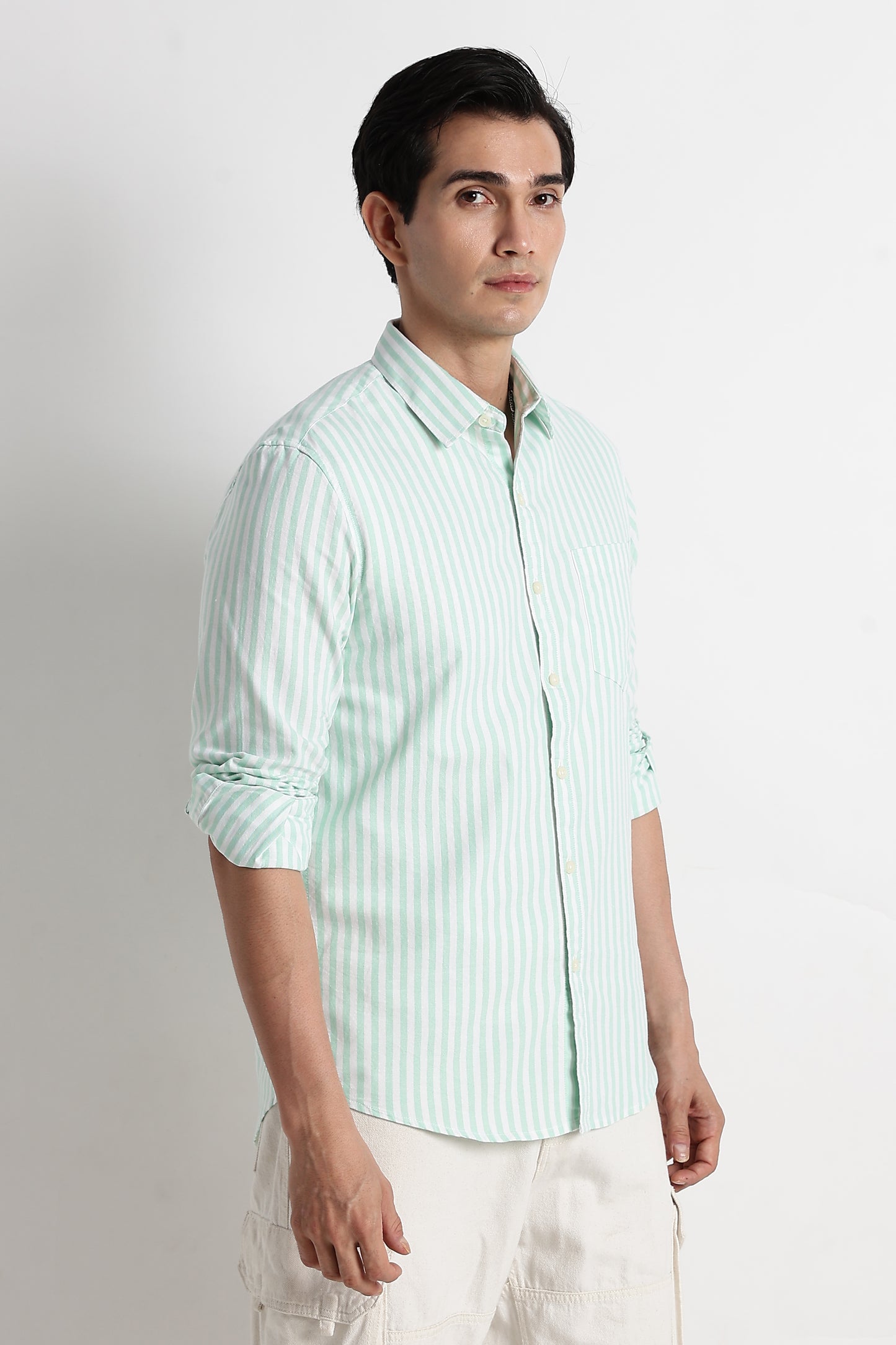 Classic Cotton Slim Fit Striped Shirt Lt Green
