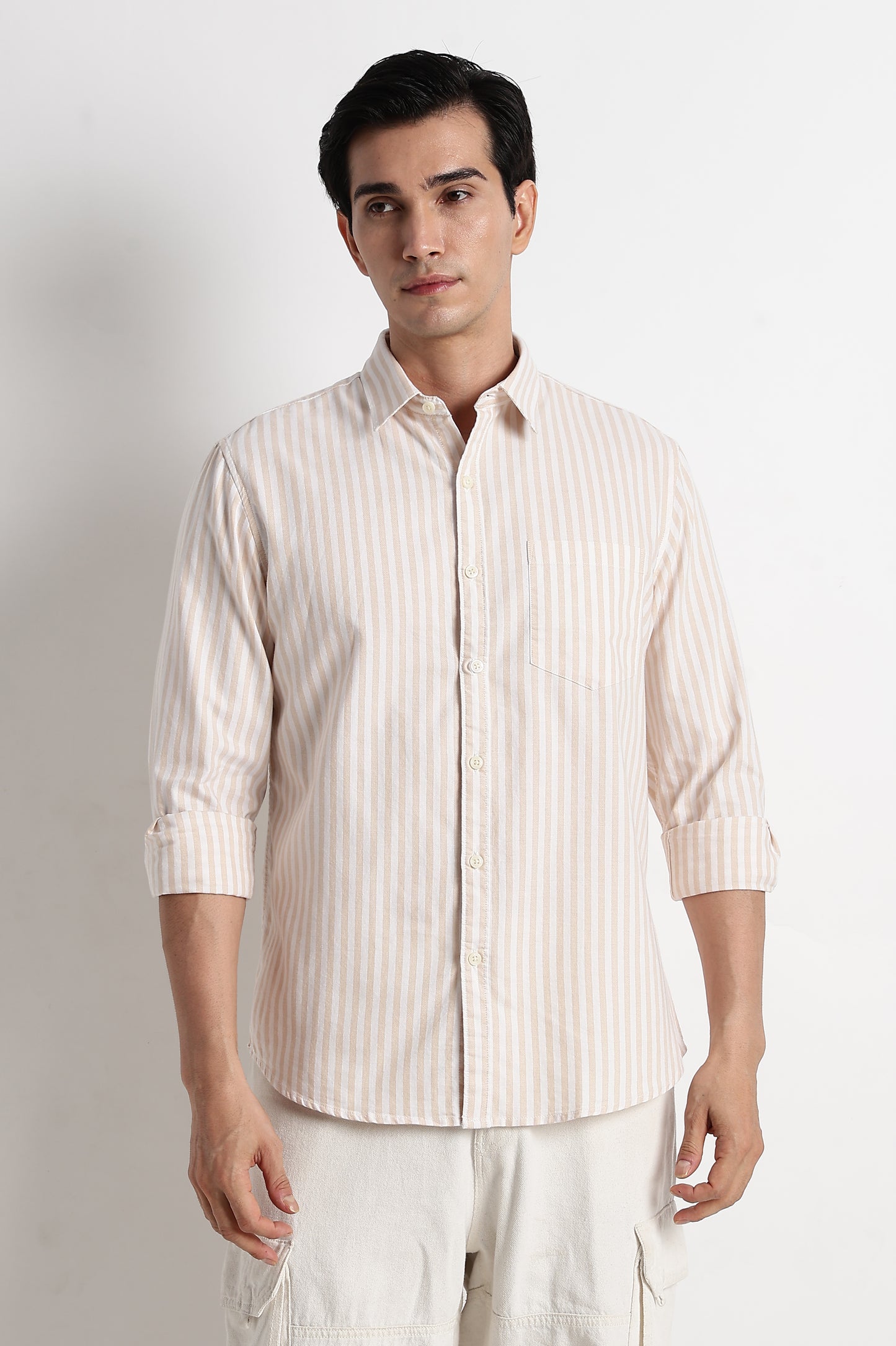 Classic Cotton Slim Fit Striped Shirt Beige