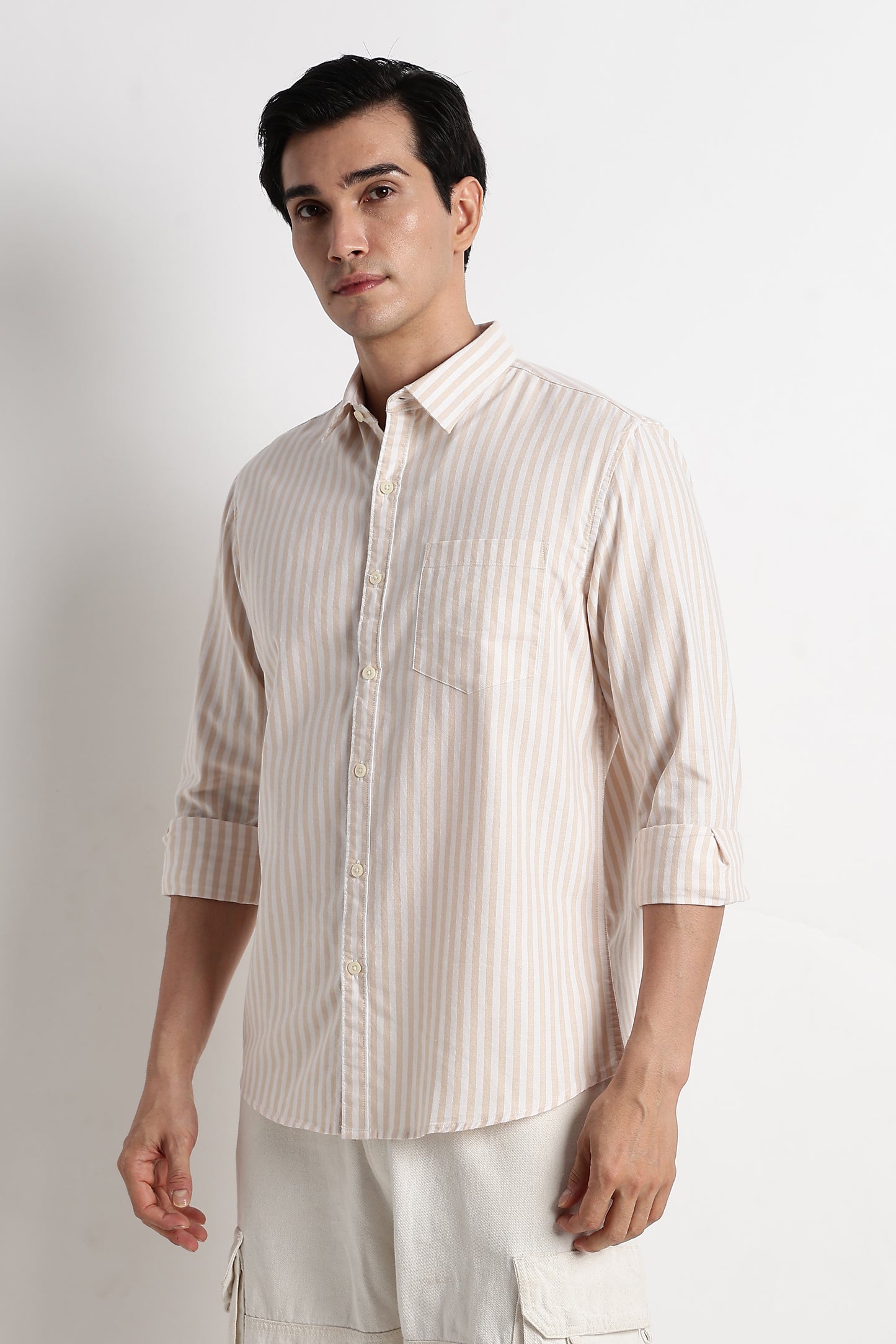 Classic Cotton Slim Fit Striped Shirt Beige