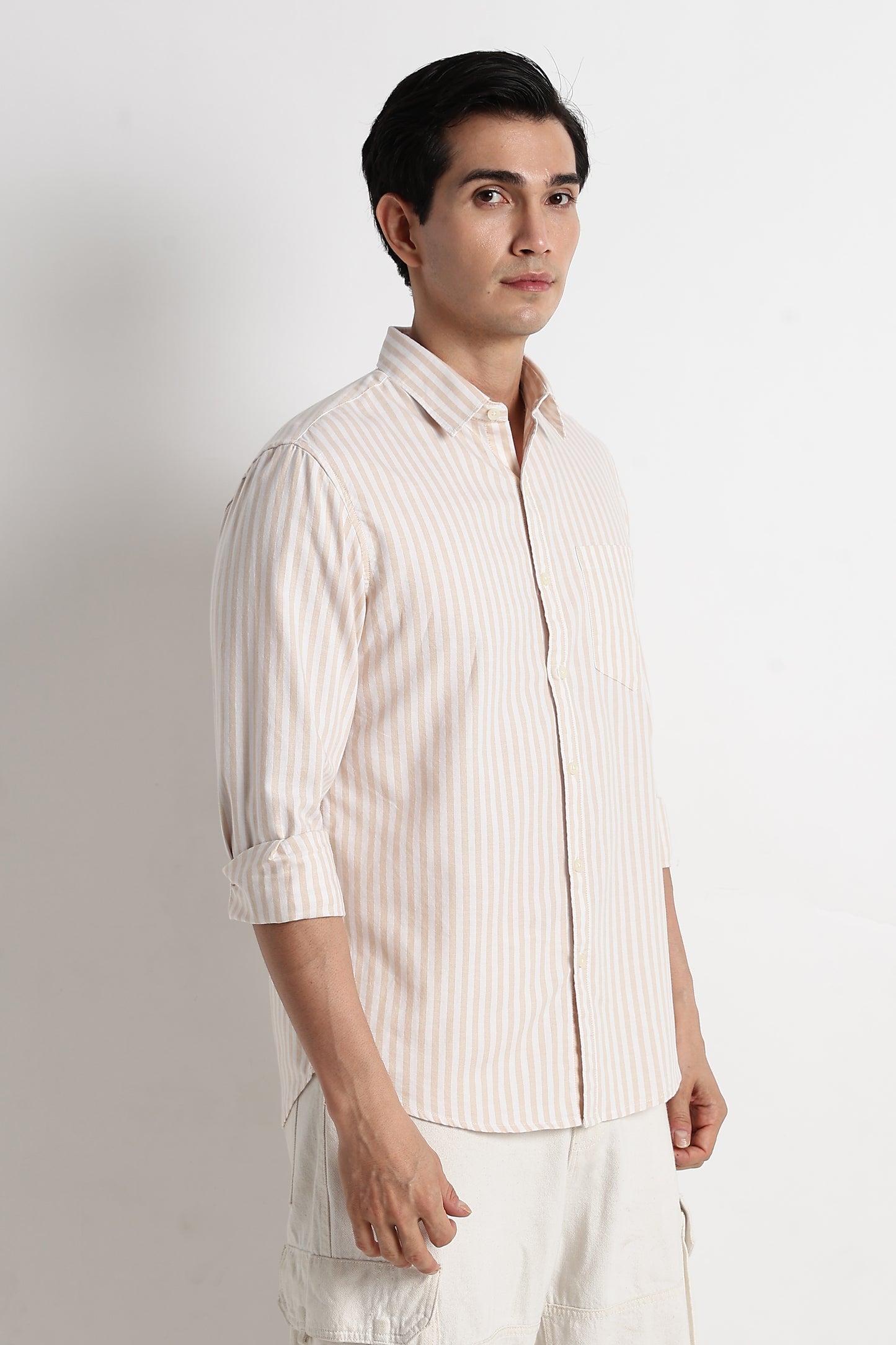 Classic Cotton Slim Fit Striped Shirt Beige