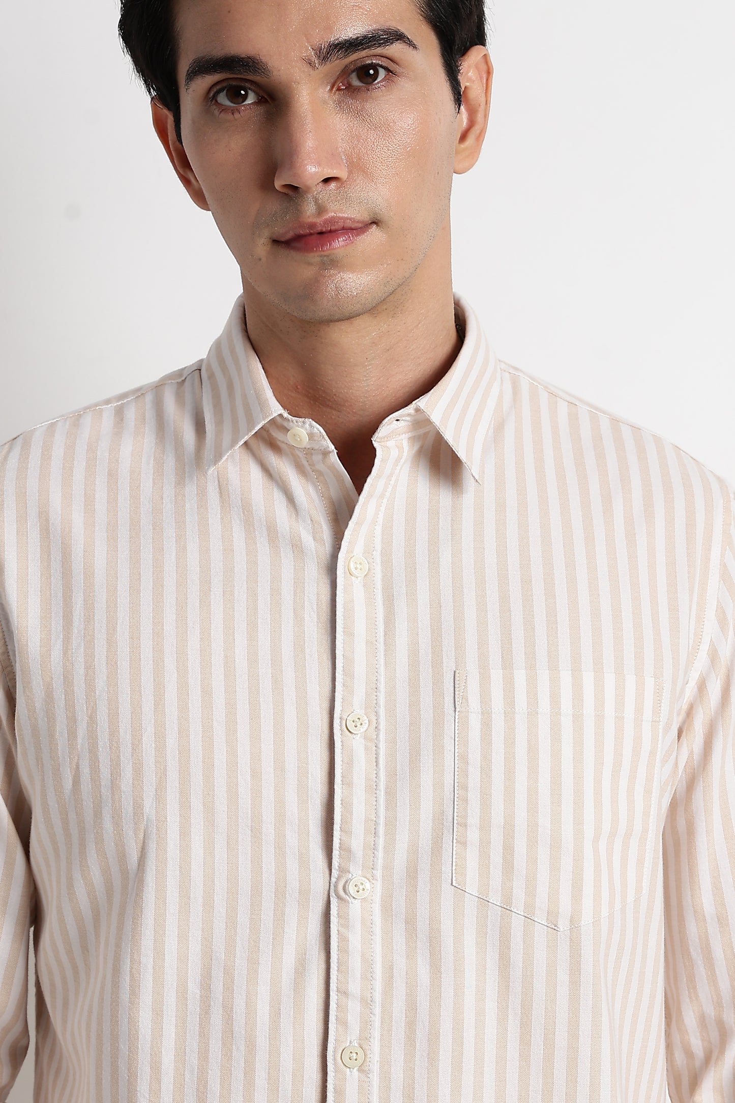 Classic Cotton Slim Fit Striped Shirt Beige