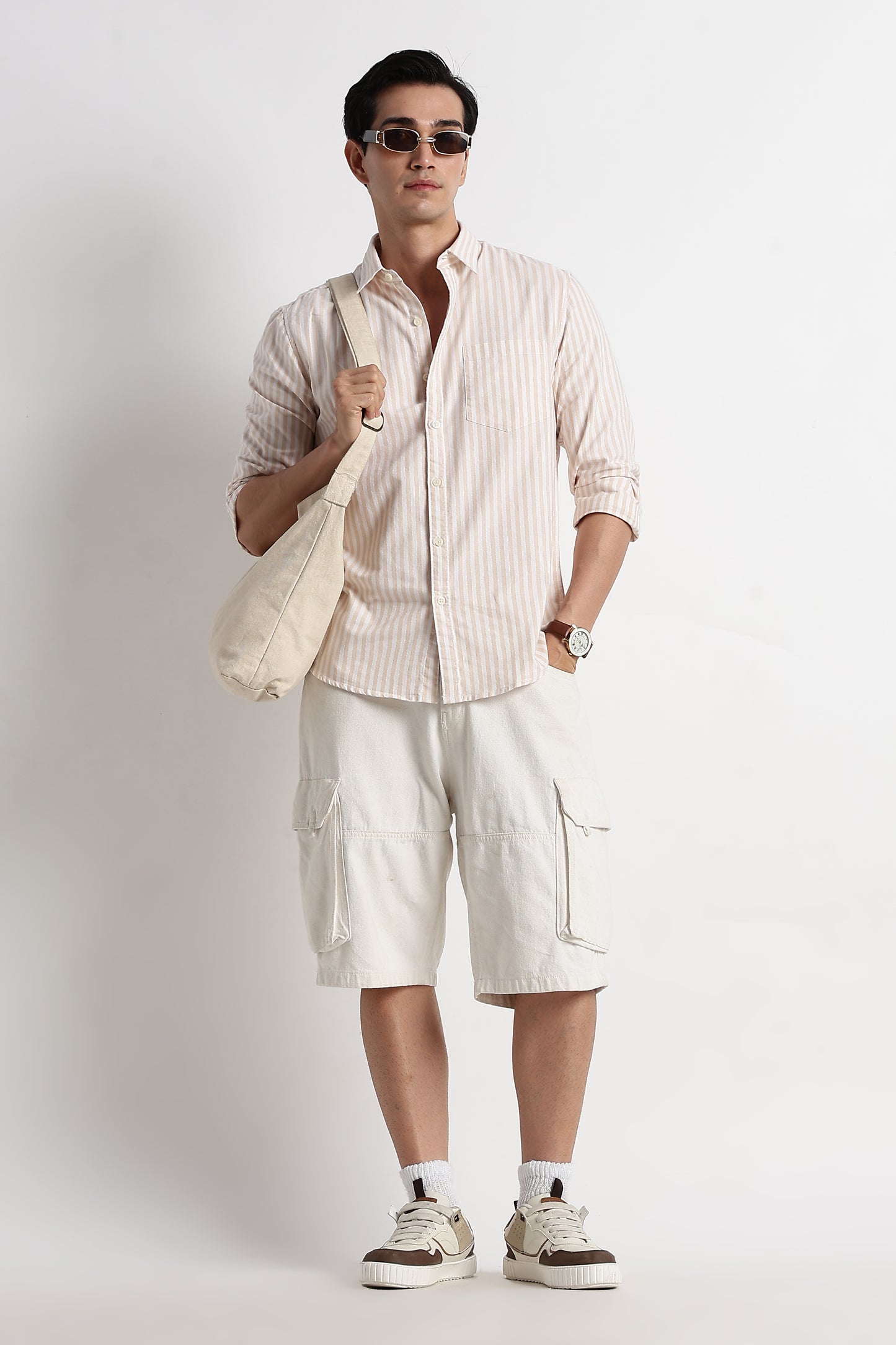 Classic Cotton Slim Fit Striped Shirt Beige