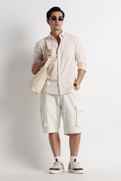 Classic Cotton Slim Fit Striped Shirt Beige