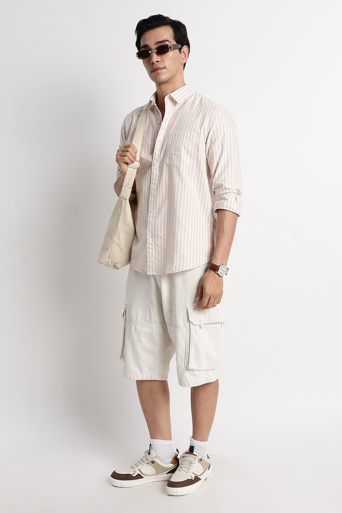 Classic Cotton Slim Fit Striped Shirt Beige