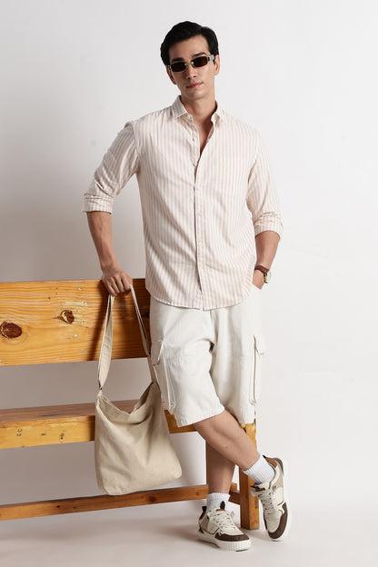 Classic Cotton Slim Fit Striped Shirt Beige