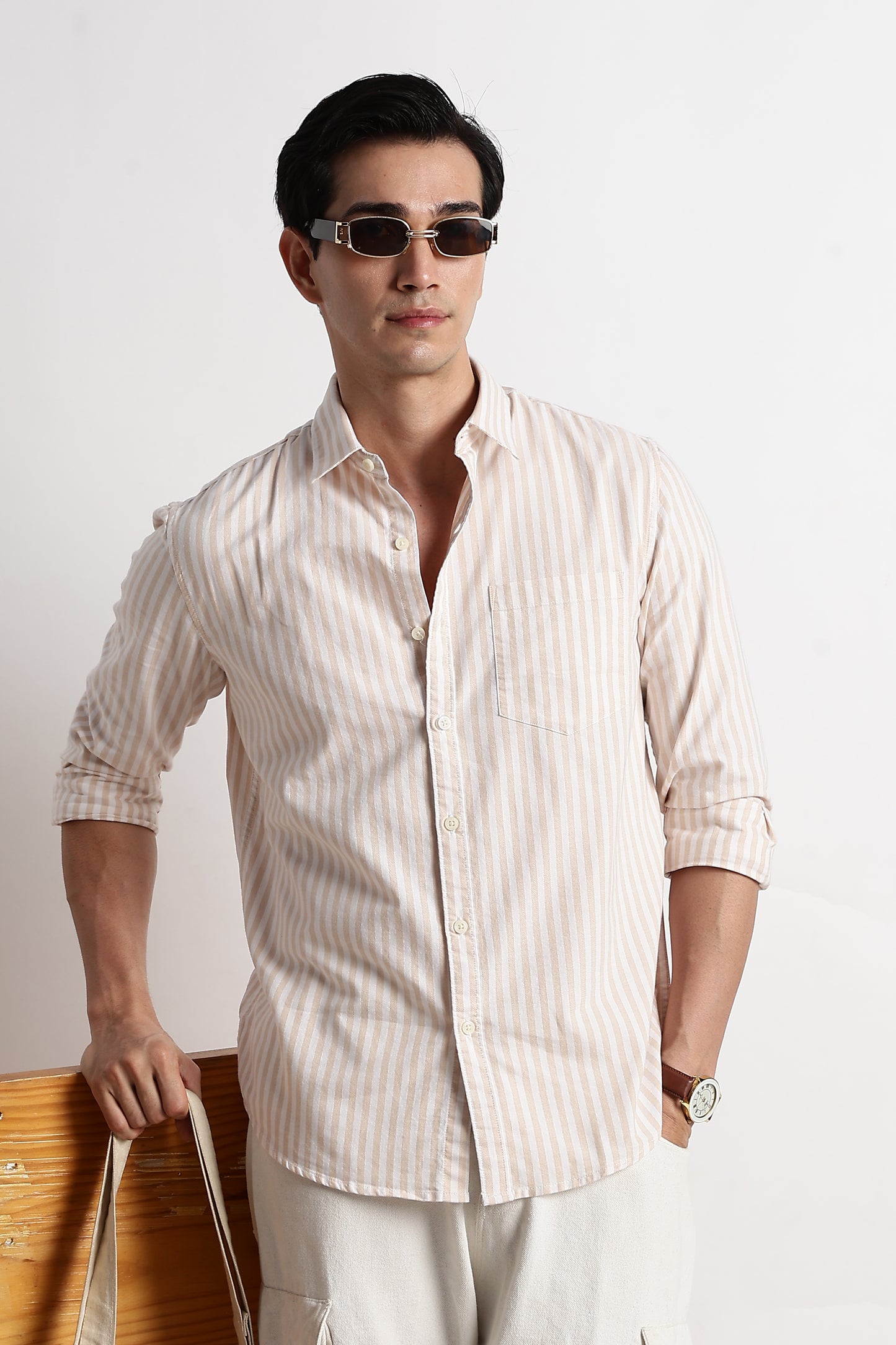 Classic Cotton Slim Fit Striped Shirt Beige