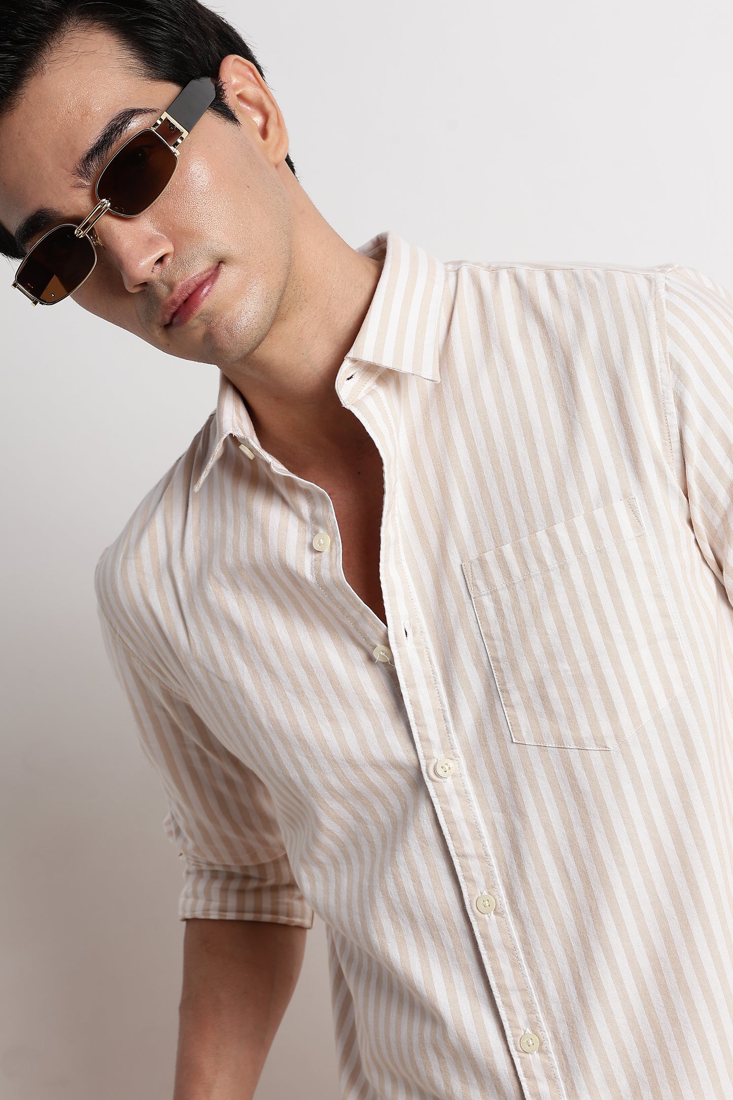 Classic Cotton Slim Fit Striped Shirt Beige