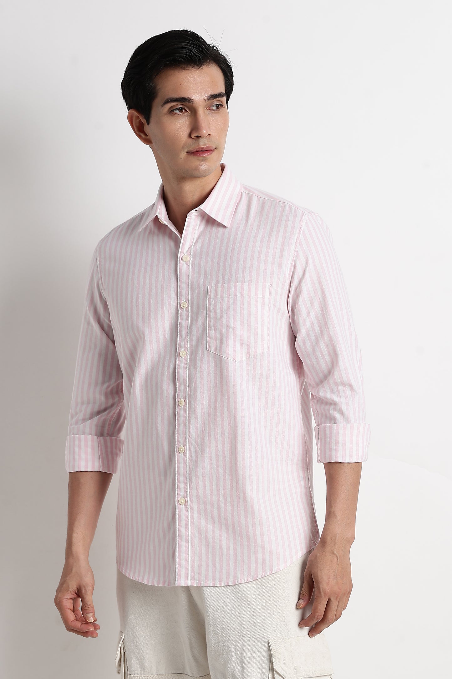 Classic Cotton Slim Fit Striped Shirt Pink