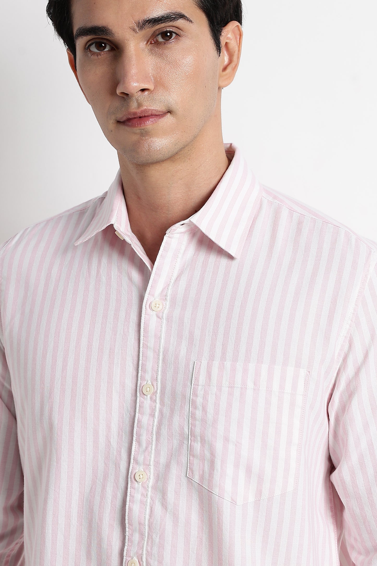 Classic Cotton Slim Fit Striped Shirt Pink