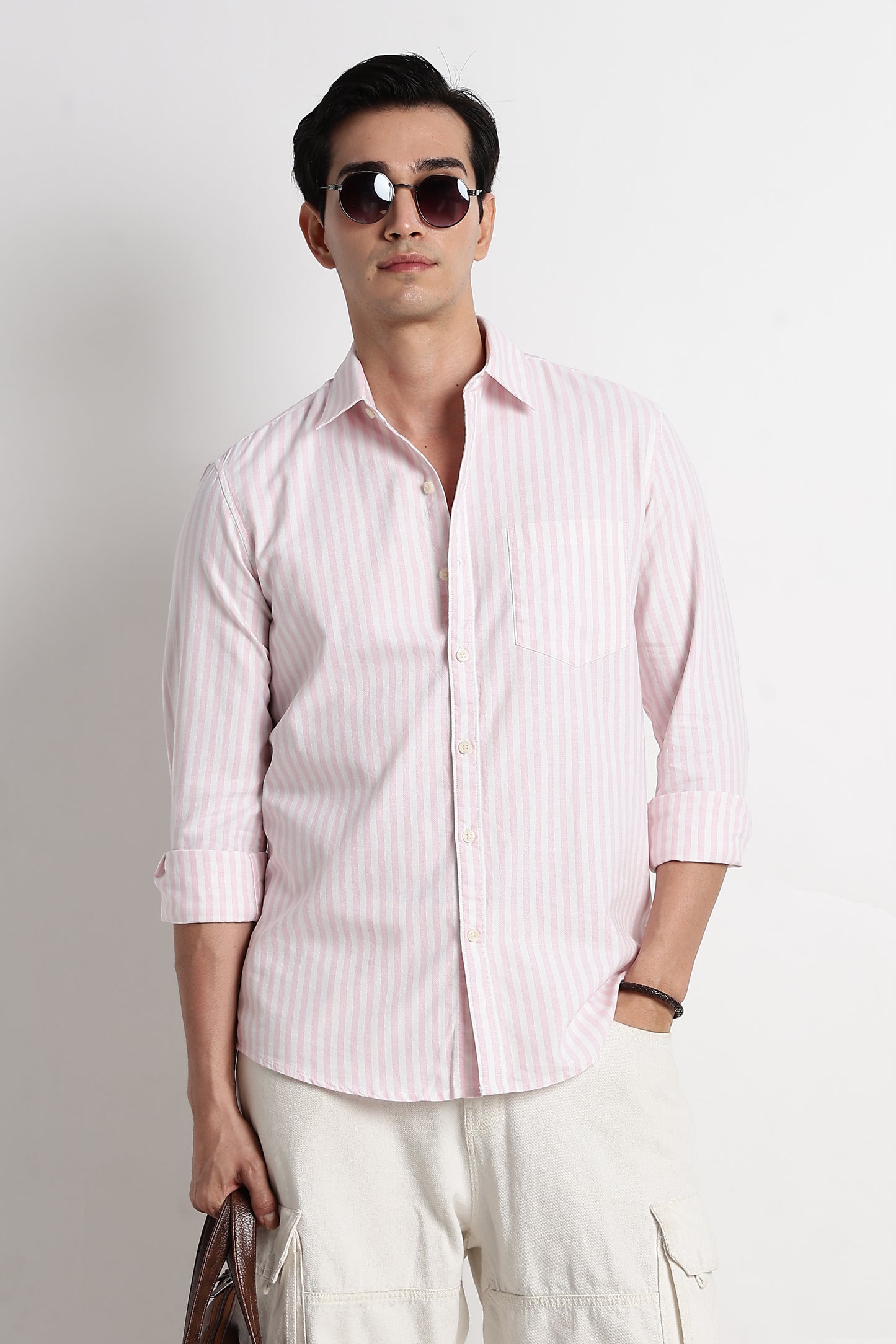 Classic Cotton Slim Fit Striped Shirt Pink