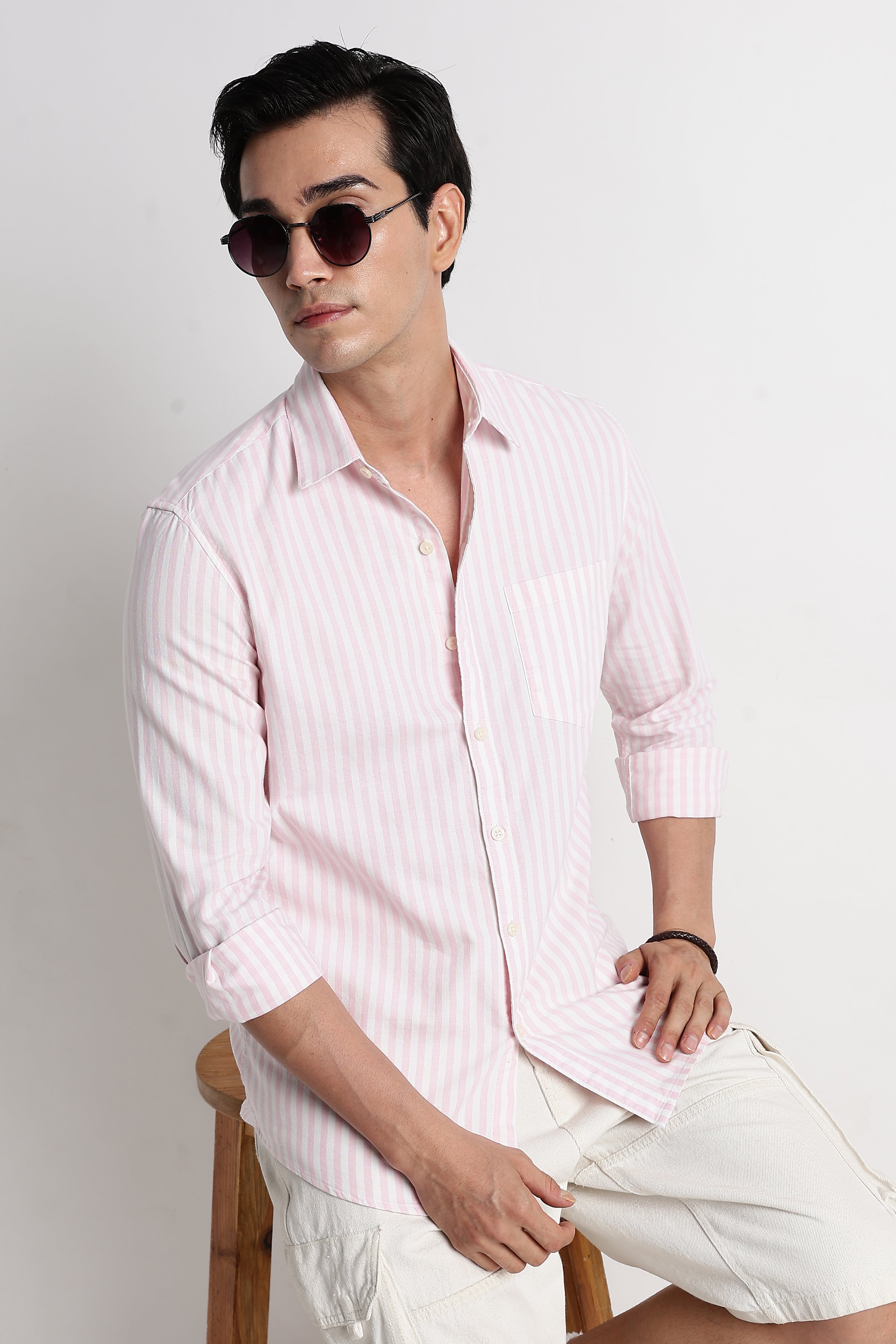Classic Cotton Slim Fit Striped Shirt Pink
