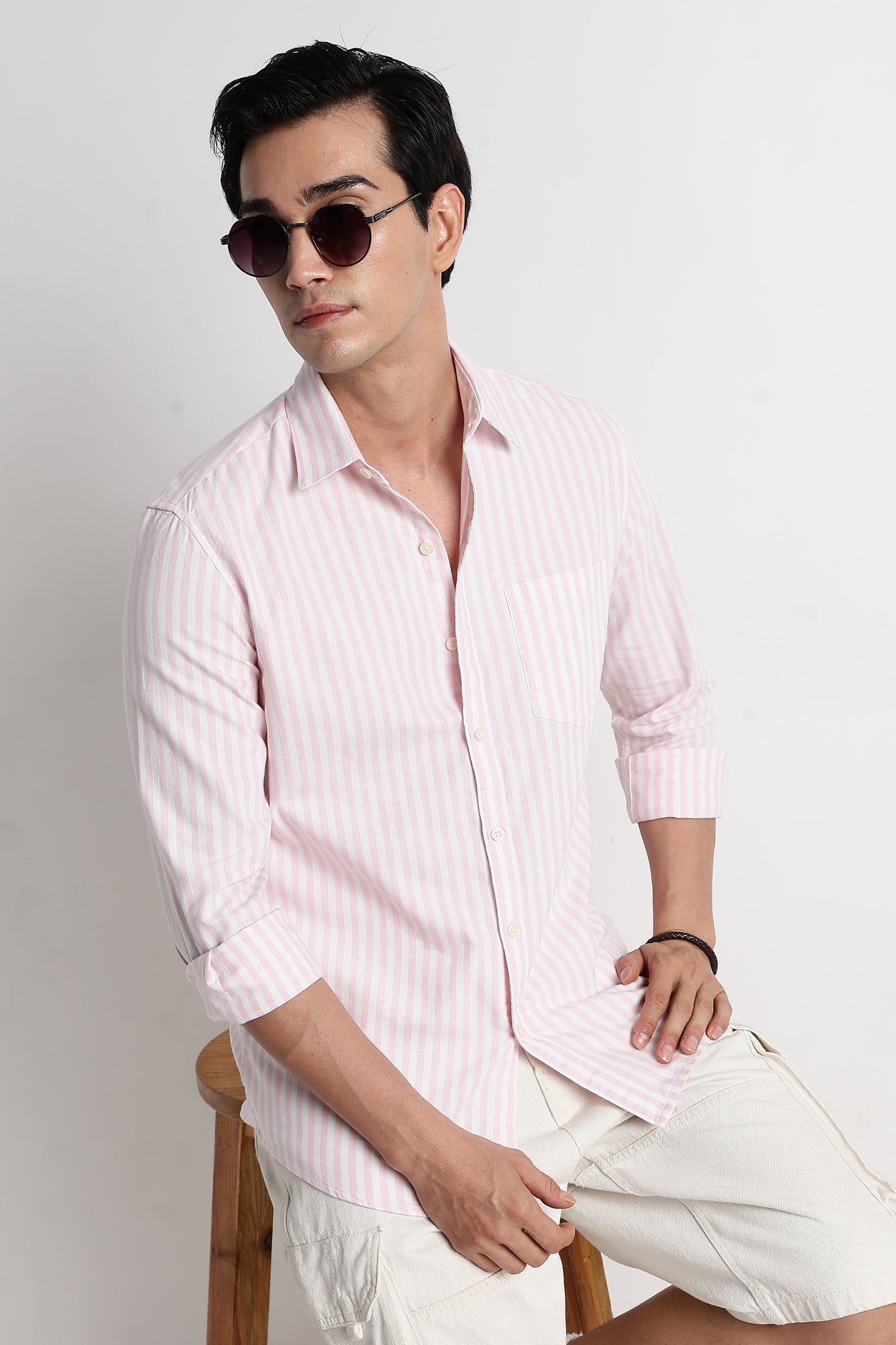 Classic Cotton Slim Fit Striped Shirt Pink