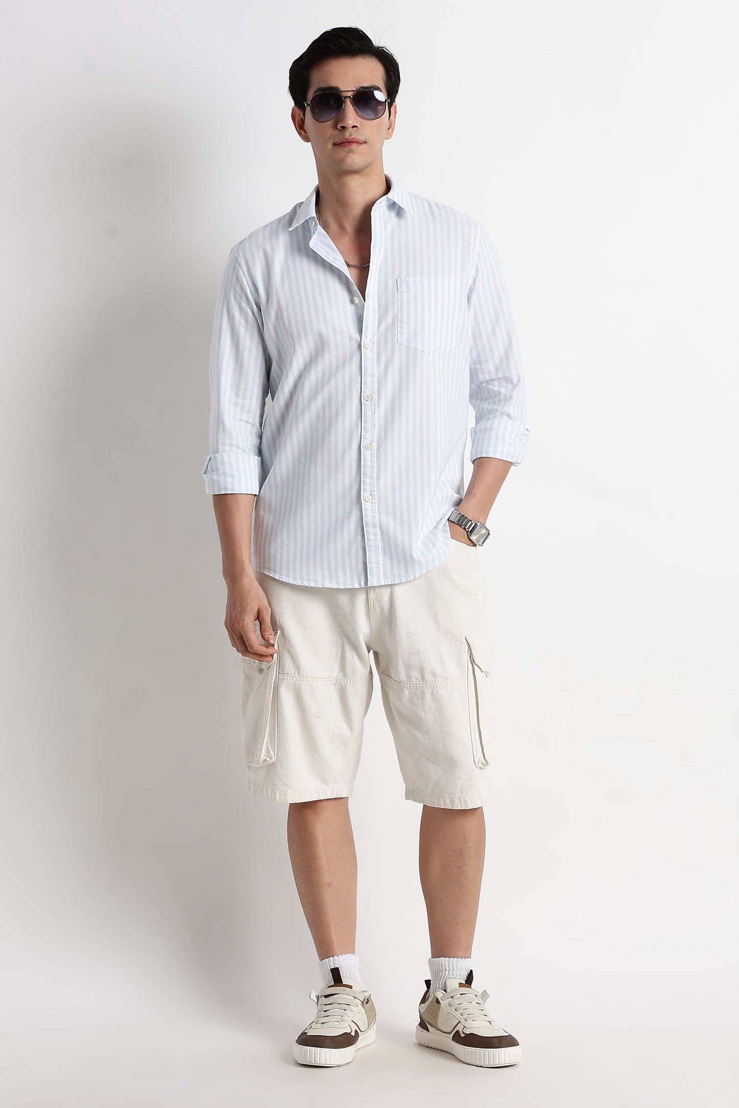 Classic Cotton Slim Fit Striped Shirt Sky Blue