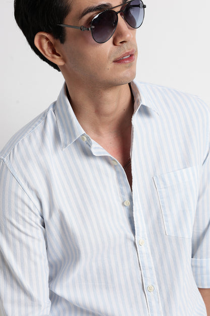 Classic Cotton Slim Fit Striped Shirt Sky Blue