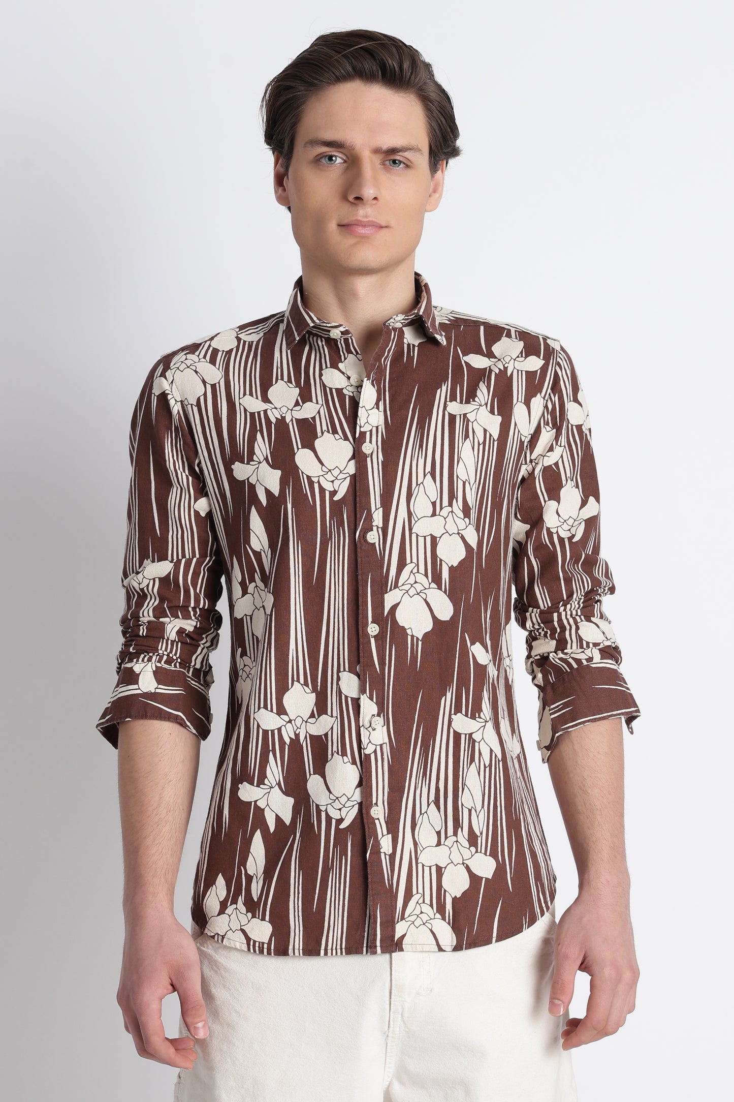 Abstract Block Print Casual Shirt Brown