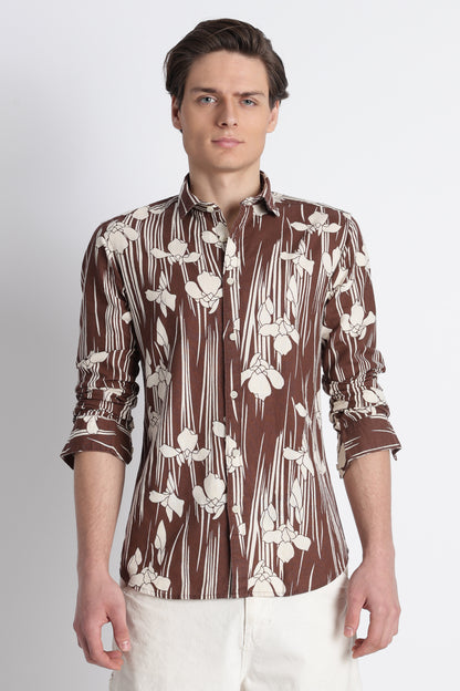Abstract Block Print Casual Shirt Brown